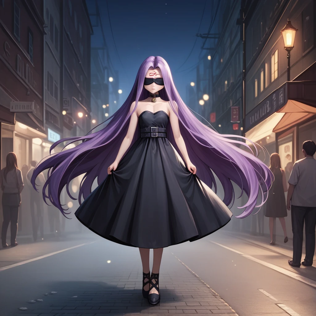 Medasa Rider, Ride Medusa, Long Hair, very Long Hair, Purple Hair, Facial marks, Forehead mark Taihai, dress, Clevis, Shoulder, Sleeveless, black dress, collar, Strapless, Strapless dress, ((Blindfold)), Full body photography, Dynamic posing, 8k, ((Mastepiece)),(((Best Quality))),((Super detailed)),((((Realism)))), Photorealistic:1.37, (Ultra-realistic), (Illustration), (High resolution), (Very detailed), (最高のIllustration), (Super detailed細壁紙), (Beautiful expression), ((詳細 Best Qualityのスキン:1.2)), ((Moist skin)), ((Super detailed細な背景, Detailed background, Harbour Street, Dark Night, Jump over the city)), looking at viewer, Combat Ready, lock blade, connection lock, knife