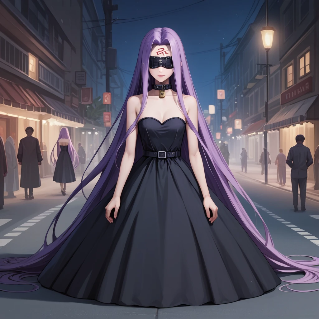 Medasa Rider, Ride Medusa, Long Hair, very Long Hair, Purple Hair, Facial marks, Forehead mark Taihai, dress, Clevis, Shoulder, Sleeveless, black dress, collar, Strapless, Strapless dress, ((Blindfold)), Full body photography, Dynamic posing, 8k, ((Mastepiece)),(((Best Quality))),((Super detailed)),((((Realism)))), Photorealistic:1.37, (Ultra-realistic), (Illustration), (High resolution), (Very detailed), (最高のIllustration), (Super detailed細壁紙), (Beautiful expression), ((詳細 Best Qualityのスキン:1.2)), ((Moist skin)), ((Super detailed細な背景, Detailed background, Harbour Street, Dark Night, Jump over the city)), looking at viewer, Combat Ready, lock blade, connection lock, knife