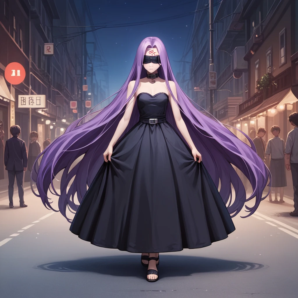 Medasa Rider, Ride Medusa, Long Hair, very Long Hair, Purple Hair, Facial marks, Forehead mark Taihai, dress, Clevis, Shoulder, Sleeveless, black dress, collar, Strapless, Strapless dress, ((Blindfold)), Full body photography, Dynamic posing, 8k, ((Mastepiece)),(((Best Quality))),((Super detailed)),((((Realism)))), Photorealistic:1.37, (Ultra-realistic), (Illustration), (High resolution), (Very detailed), (最高のIllustration), (Super detailed細壁紙), (Beautiful expression), ((詳細 Best Qualityのスキン:1.2)), ((Moist skin)), ((Super detailed細な背景, Detailed background, Harbour Street, Dark Night, Jump over the city)), looking at viewer, Combat Ready, lock blade, connection lock, knife