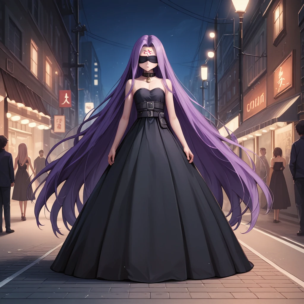 Medasa Rider, Ride Medusa, Long Hair, very Long Hair, Purple Hair, Facial marks, Forehead mark Taihai, dress, Clevis, Shoulder, Sleeveless, black dress, collar, Strapless, Strapless dress, ((Blindfold)), Full body photography, Dynamic posing, 8k, ((Mastepiece)),(((Best Quality))),((Super detailed)),((((Realism)))), Photorealistic:1.37, (Ultra-realistic), (Illustration), (High resolution), (Very detailed), (最高のIllustration), (Super detailed細壁紙), (Beautiful expression), ((詳細 Best Qualityのスキン:1.2)), ((Moist skin)), ((Super detailed細な背景, Detailed background, Harbour Street, Dark Night, Jump over the city)), looking at viewer, Combat Ready, lock blade, connection lock, knife