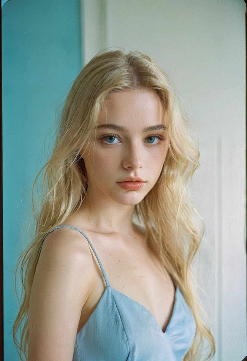 Extremely beautiful woman with blonde hair and big red lips, she has blue eyes and an off-white halter neck dress and big eyes.