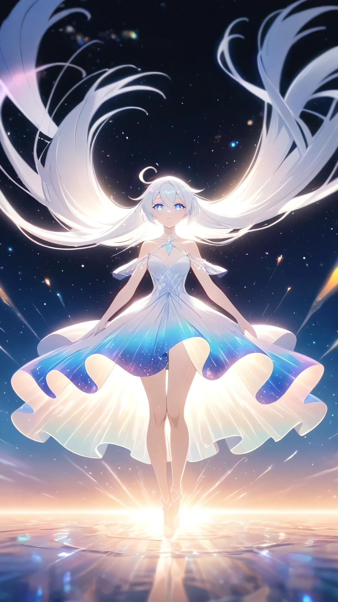 A beautiful young woman with long white hair falling gracefully from the sky, wearing a flowing white dress with a symmetrical, highly detailed face, surrounded by translucent multicolored glitters in a soft, dreamy, and dramatic lighting at golden hour, elegant and intricate,vivid color,sparkling,god rays,iridescence,threads of light,holy aura,clear blue starry eyes,((kiana kaslana))