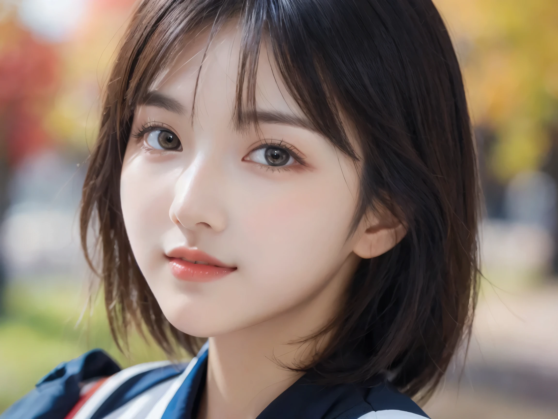 (8k, RAW Photo, Best Quality, Masterpiece:1.2), table top, Ultra Detail, Super Resolution, (Realistic, Realistic Photo:1.37), Portrait, High Detail RAW Color Photo, Professional Photo, Extremely Detailed and Beautiful, Extremely detailed, 8k wallpaper, amazing and detailed, huge file size, official art, highly detailed CG unity 8k wallpaper, highly detailed beautiful girl, highly detailed face, highly detailed eyes, highly detailed skin, highly detailed fingers, highly detailed nose, very detailed detailed mouth , perfect anatomy, highly detailed background, highly detailed clothes, (1 girl in), cute girl, realistic body, fair skin, glowing skin , slim body, handsome body, black hair , semilong hair, (blunt bangs:1.2), smile, cute, youthful, cute face, realistic face, delicate eyes, drooping eyes, looking at viewer, facing front, standing posture, Contraposto, (large breasts), (Perfect Body Proportions), (slender Body Proportions), super sexy pose, (early fall fashion),
