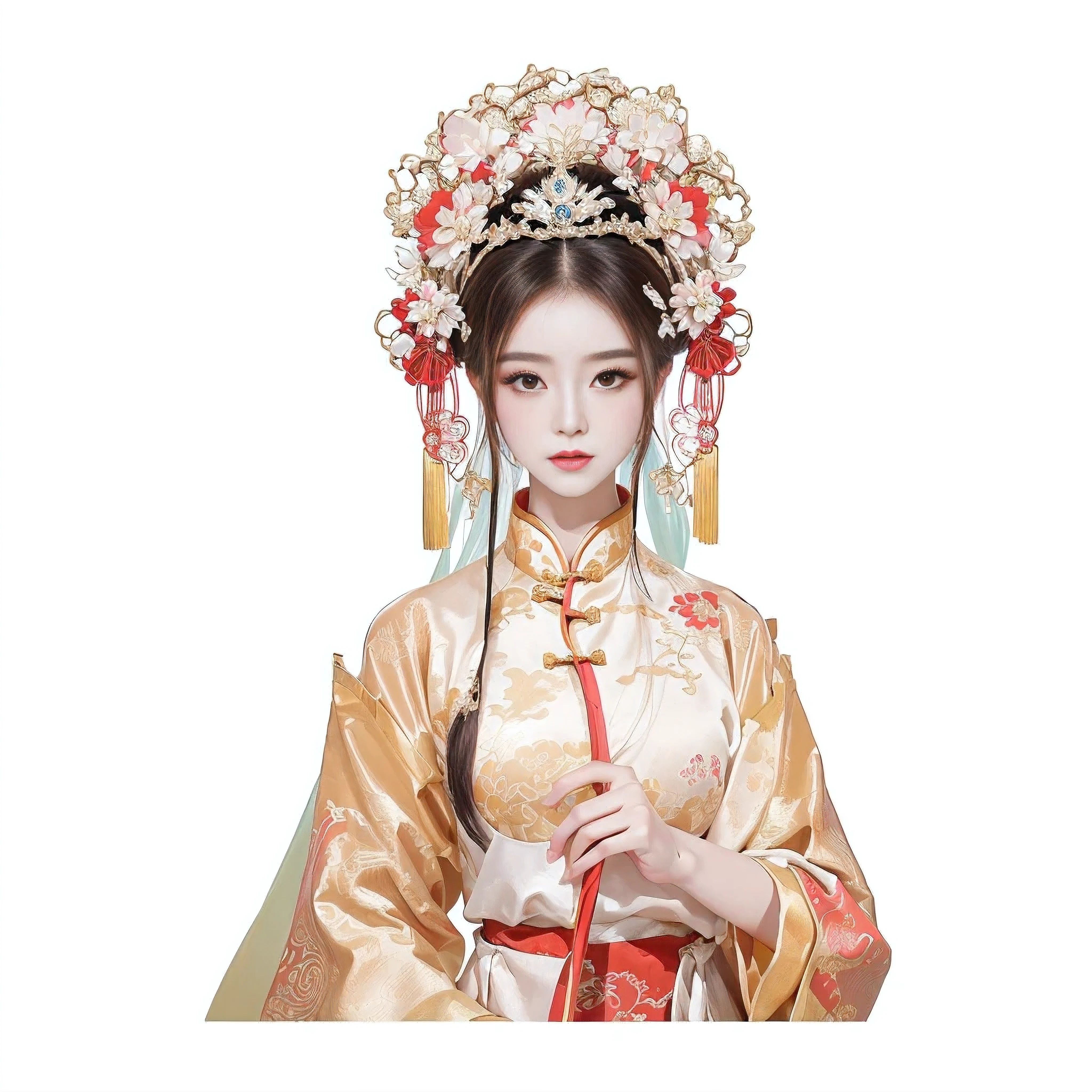 There is a woman in Chinese costume holding a fan, palace , Girl wearing Hanfu, ancient Chinese Princess, A beautiful fantasy queen, chinese empress, Chinese Princess, Peking Opera, Ancient Asian Dynasty Princess, A beautiful artwork illustration, Wearing ancient Chinese clothing, Ancient Chinese Goddess, Ancient Chinese Art Style, ((A beautiful fantasy queen)), Ancient Chinese Beauty