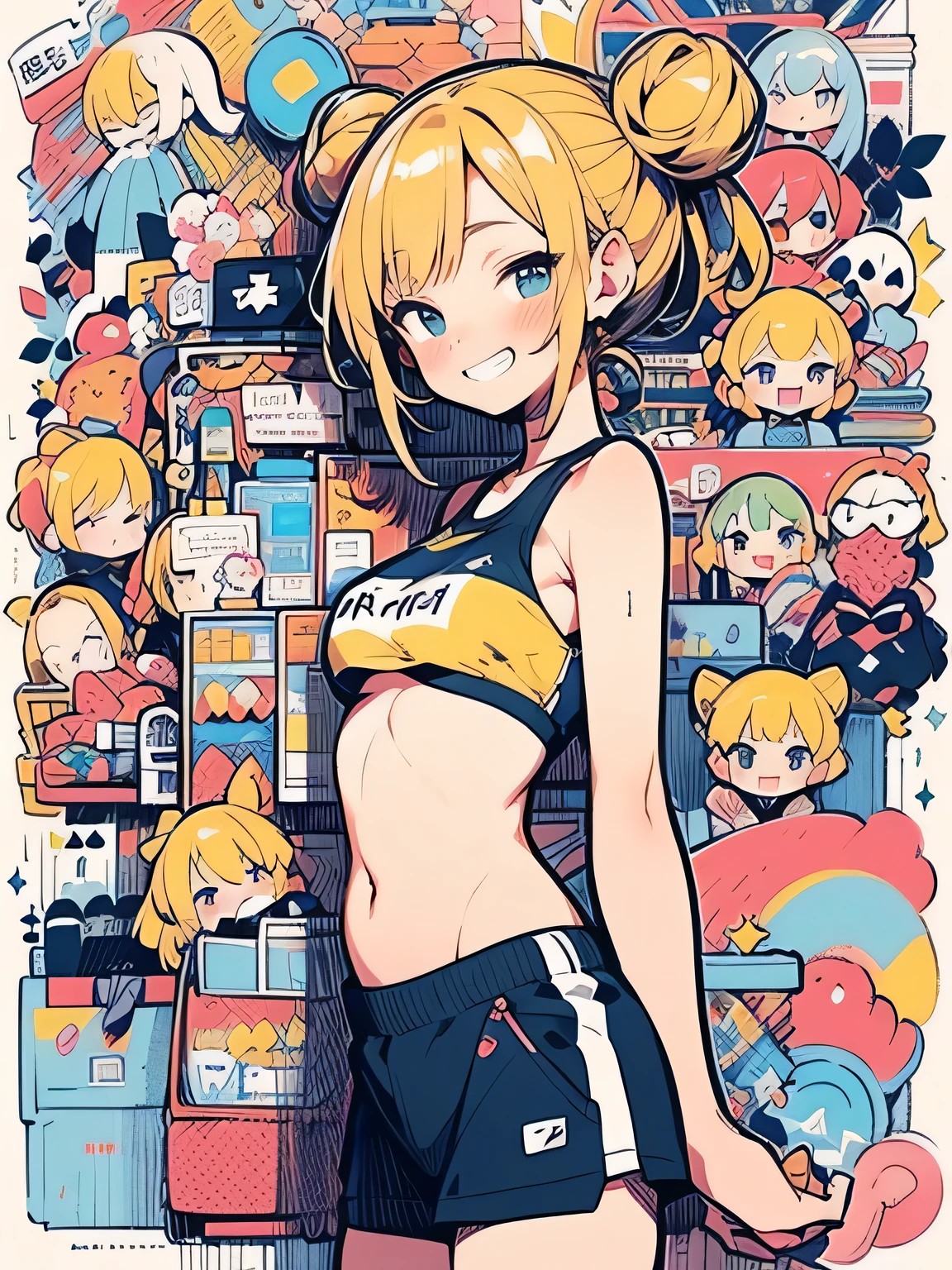 sideview,(Alone),blonde twinbuns,long sideburn,((bluntbangs:1.3)),nsfw,(underboob:1.2),cute grin,blush、sexy sports bra、Micro Mini Skirt、zettai ryouiki、black over-the-knee socks、Fancy Pouch、General store、(I am the star:1.3),(manga style),(sketch),(illustration),