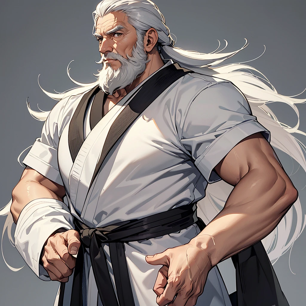 male with wolf ears and a wolf tail, long white hair with flowing long locks, has light beard, shirtless, wearing fingerless gloves, wearing worn jeans, is sweaty