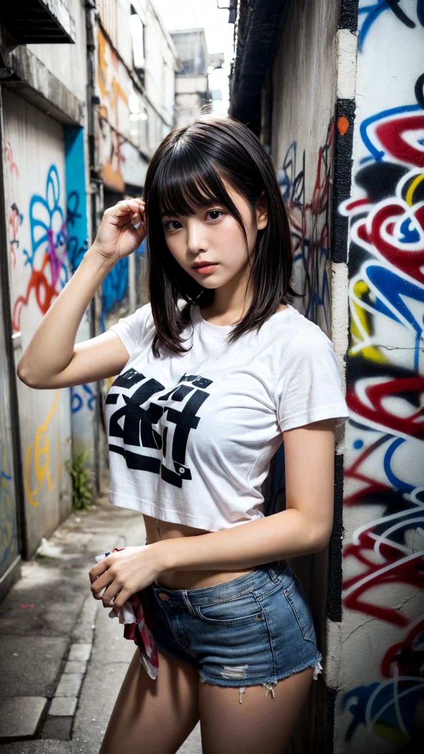 masterpiece, best quality, illustration, Super detailed, fine details, High resolution, 8K,wall paper, perfect dynamic composition,(Details High quality, realistic depiction of eyes:1.3),  (Japanese teenage girl standing in a dirty back alley at night, graffitied wall:1.1), (wearing a tattered and dirty t-shirt.:1.1), Wearing baggy pants, dirty body, short bob hair, black hair color, Big Natural Color Lip,  seductive face, provocative look, crying a little、Harajuku style、(graffiti), night time, 20 year old girl、cute type、lolita, Gravure Idol, full body photo、focus on crotch, (huge breasts)