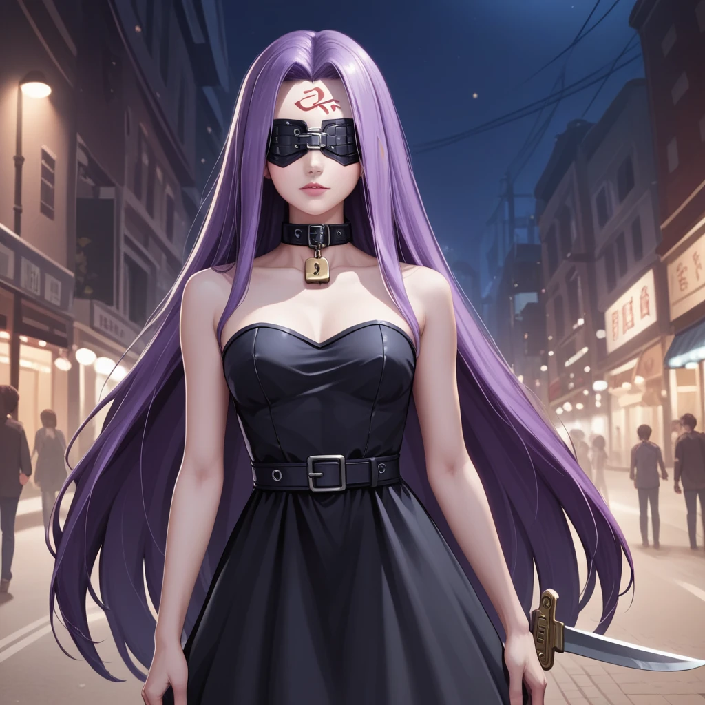 Medasa Rider, Ride Medusa, Long Hair, very Long Hair, Purple Hair, Facial marks, Forehead mark Taihai, dress, Clevis, Shoulder, Sleeveless, black dress, collar, Strapless, Strapless dress, Blindfold, forward leaning posture, 8k, ((Mastepiece)),(((Best Quality))),((Super detailed)),((((Realism)))), Photorealistic:1.37, (Ultra-realistic), (Illustration), (High resolution), (Very detailed), (最高のIllustration), (Super detailed細壁紙), (Detail face), (Beautiful expression), ((詳細 Best Qualityのスキン:1.2)), ((Moist skin)), ((Super detailed細な背景, Detailed background, Harbour Street, Dark Night, Jump over the city, Dynamic posing)), Dutch Angle, looking at viewer, Combat Ready, lock blade, connection lock, knife