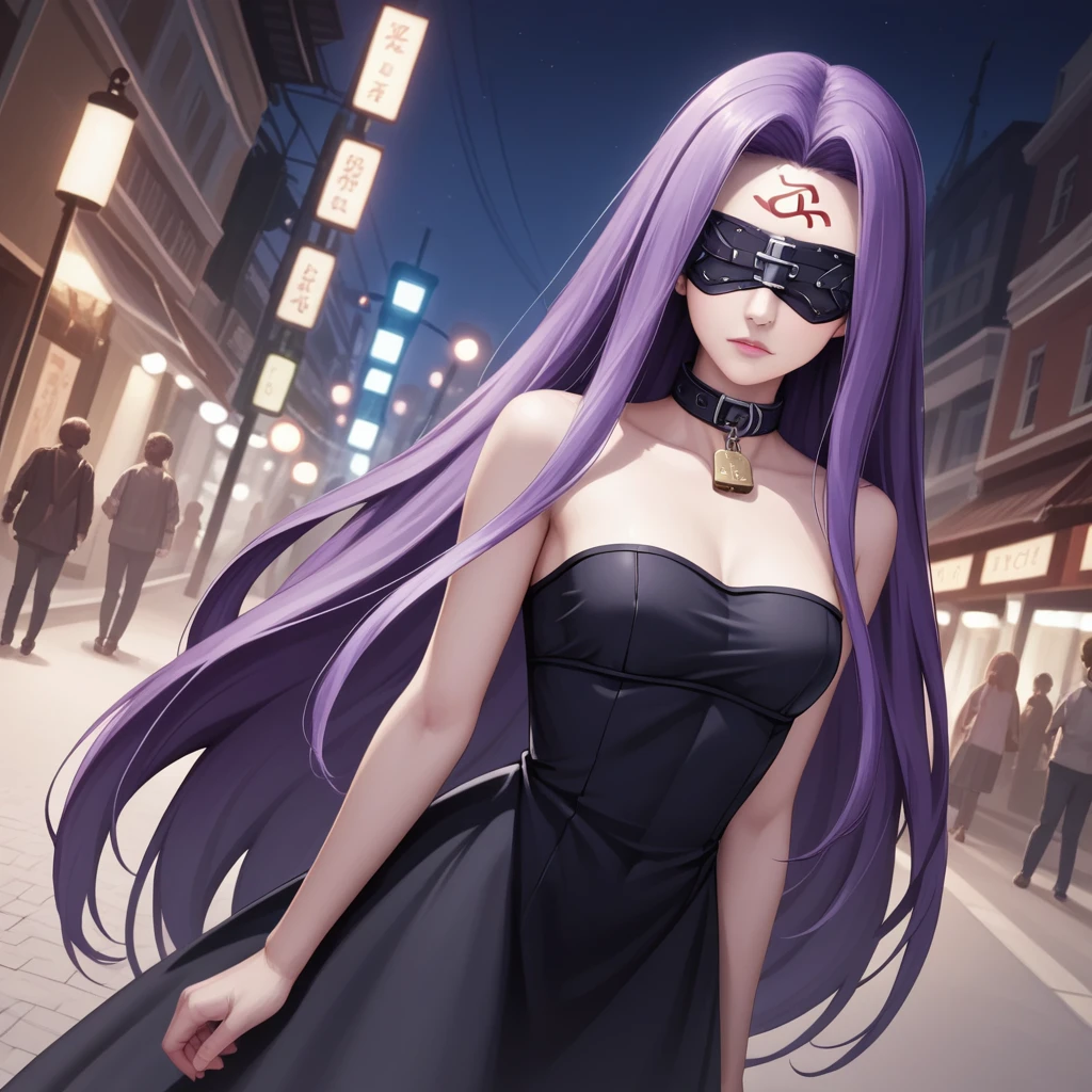 Medasa Rider, Ride Medusa, Long Hair, very Long Hair, Purple Hair, Facial marks, Forehead mark Taihai, dress, Clevis, Shoulder, Sleeveless, black dress, collar, Strapless, Strapless dress, Blindfold, forward leaning posture, 8k, ((Mastepiece)),(((Best Quality))),((Super detailed)),((((Realism)))), Photorealistic:1.37, (Ultra-realistic), (Illustration), (High resolution), (Very detailed), (最高のIllustration), (Super detailed細壁紙), (Detail face), (Beautiful expression), ((詳細 Best Qualityのスキン:1.2)), ((Moist skin)), ((Super detailed細な背景, Detailed background, Harbour Street, Dark Night, Jump over the city, Dynamic posing)), Dutch Angle, looking at viewer, Combat Ready, lock blade, connection lock, knife