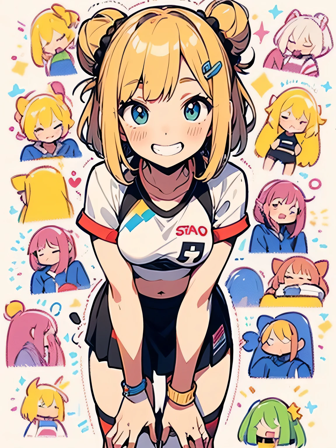 (Alone),(leaning forward:1.3),blonde twinbuns,long sideburn,((bluntbangs:1.3)),nsfw,(underboob:1.2),cute grin,blush、sexy sports bra、Micro Mini Skirt、zettai ryouiki、black over-the-knee socks、Fancy Pouch、General store、(I am the star:1.3),(manga style),(sketch),(illustration),