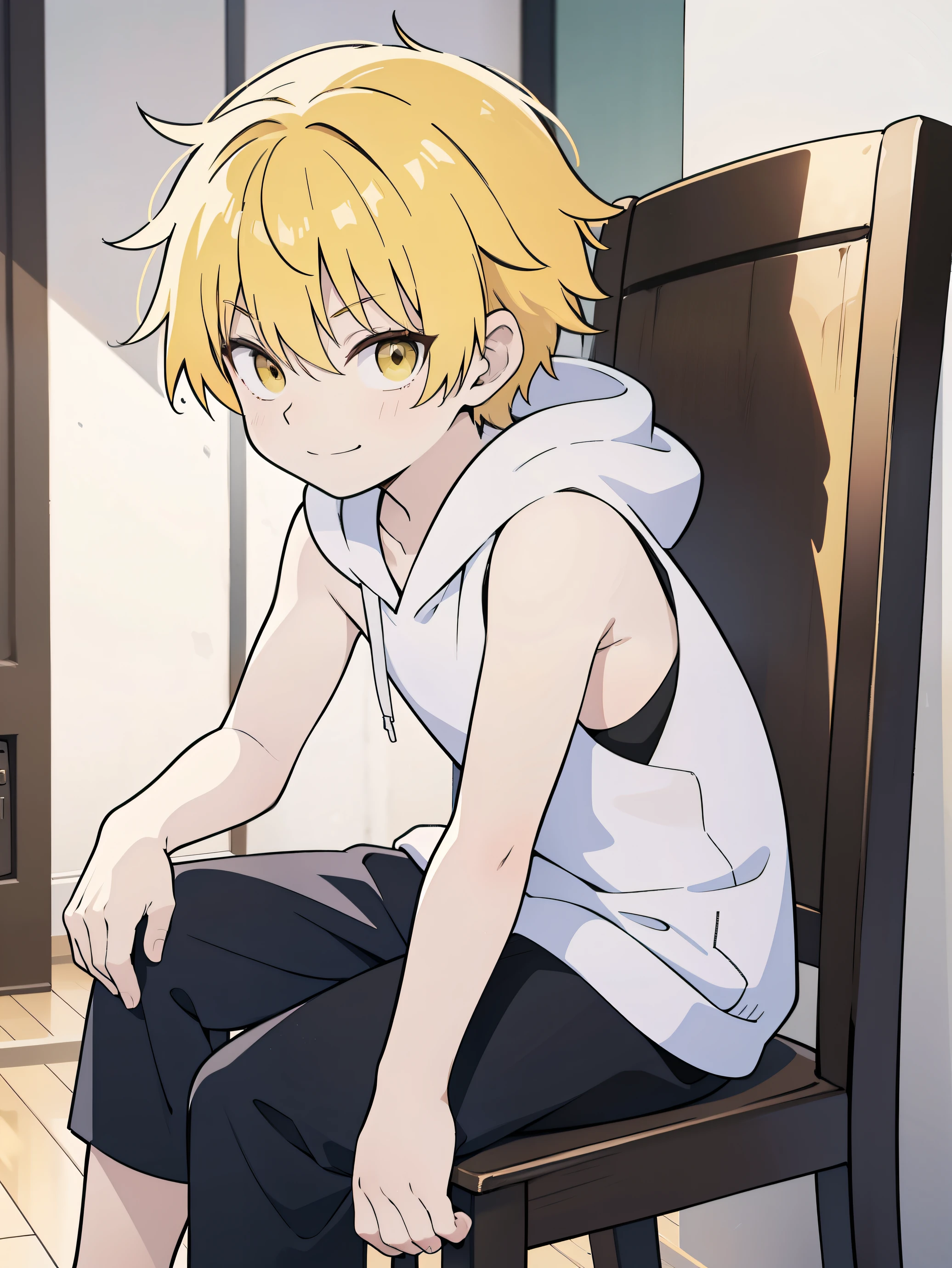 Highres, Masterpiece, Best quality at best,Best Quality,hight quality, hight detailed, Anime style, 1boy, Shota, young boy, Solo person, smile, Yellow hair, messy hair, sit on the chair, writing, Sleeveless hoodie, Focus on the shoulders, Bare shoulder, Seen from the side, upper body, (very young boy), (very small and short body), s, uhd, blurry beckground