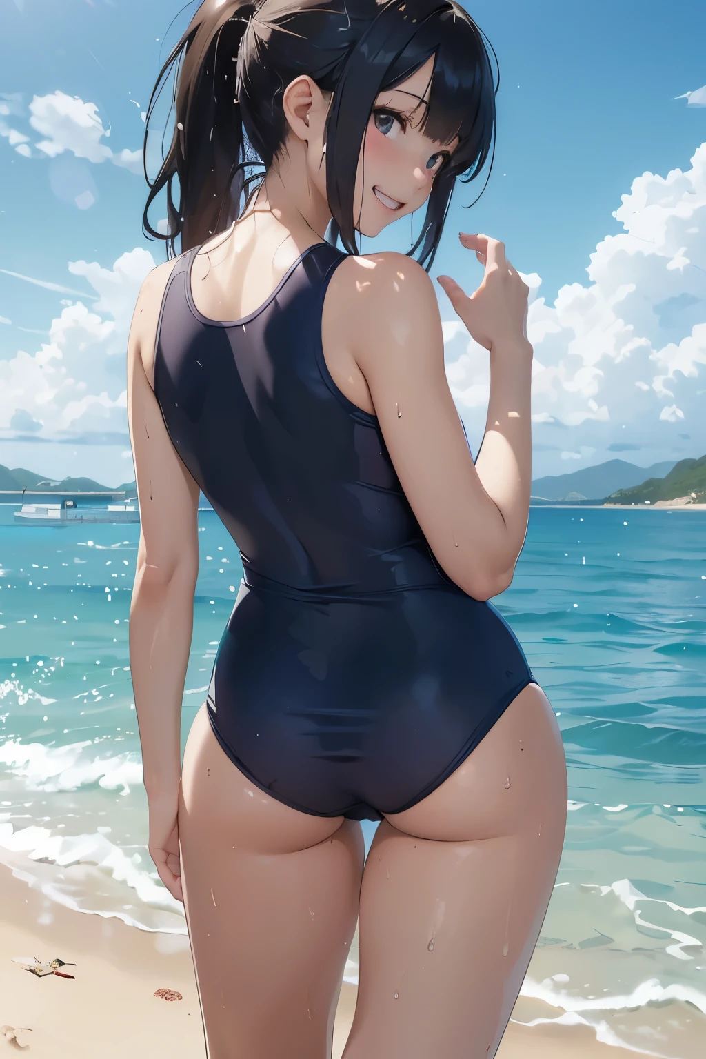 masterpiece，Best quality，Beautiful quality，looking at viewert，Detailed lighting，Extremely detailed skin，Extremely detailed hair，Extremely detailed，shadowing，8K：1.2, thicc:1.1, tight clothes, extremely detailed eyes:1.1, beach, ((erotic black leotard)), water, cloud, detailed hand, ((princess principal Dorothy)), revealing swimsuit, thong, showing ass