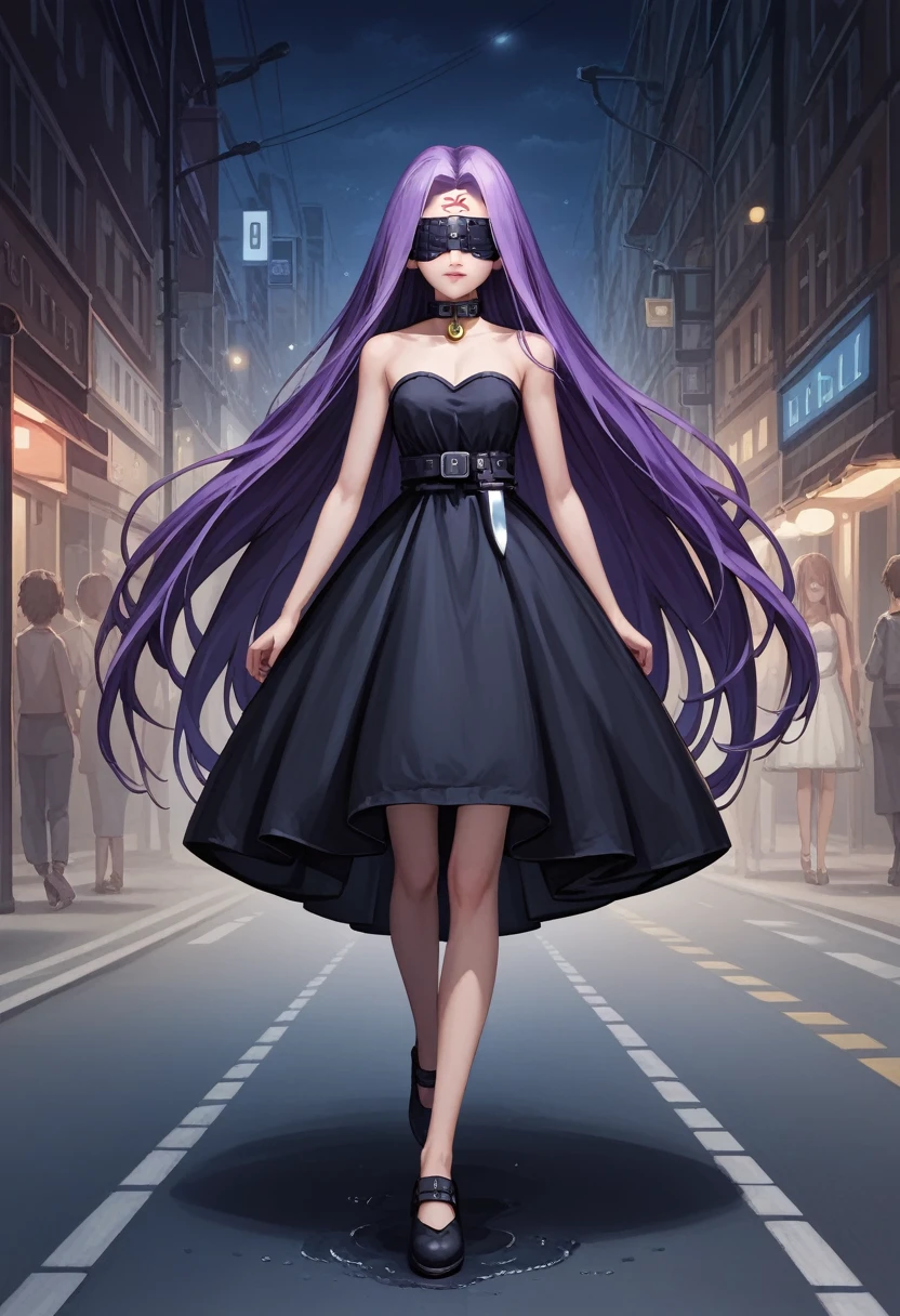 Medasa Rider, Ride Medusa, Long Hair, very Long Hair, Purple Hair, Facial marks, Forehead mark Taihai, dress, Clevis, Shoulder, Sleeveless, black dress, collar, Strapless, Strapless dress, ((Blindfold)), Full body photography, Dynamic posing, 8k, ((Mastepiece)),(((Best Quality))),((Super detailed)),((((Realism)))), Photorealistic:1.37, (Ultra-realistic), (Illustration), (High resolution), (Very detailed), (最高のIllustration), (Super detailed細壁紙), (Beautiful expression), ((詳細 Best Qualityのスキン:1.2)), ((Moist skin)), ((Super detailed細な背景, Detailed background, Harbour Street, Dark Night, Running through the city)), looking at viewer, Combat Ready, lock blade, connection lock, knife