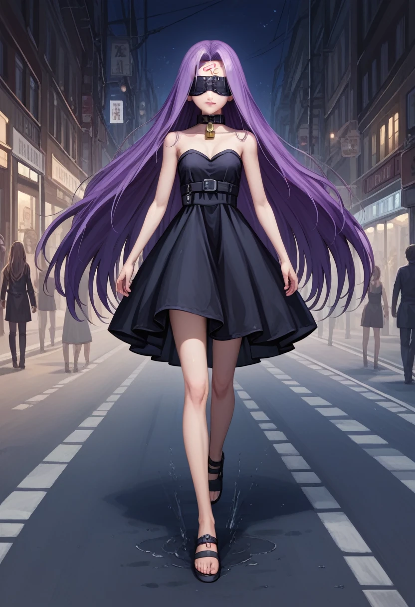 Medasa Rider, Ride Medusa, Long Hair, very Long Hair, Purple Hair, Facial marks, Forehead mark Taihai, dress, Clevis, Shoulder, Sleeveless, black dress, collar, Strapless, Strapless dress, ((Blindfold)), Full body photography, Dynamic posing, 8k, ((Mastepiece)),(((Best Quality))),((Super detailed)),((((Realism)))), Photorealistic:1.37, (Ultra-realistic), (Illustration), (High resolution), (Very detailed), (最高のIllustration), (Super detailed細壁紙), (Beautiful expression), ((詳細 Best Qualityのスキン:1.2)), ((Moist skin)), ((Super detailed細な背景, Detailed background, Harbour Street, Dark Night, Running through the city)), looking at viewer, Combat Ready, lock blade, connection lock, knife