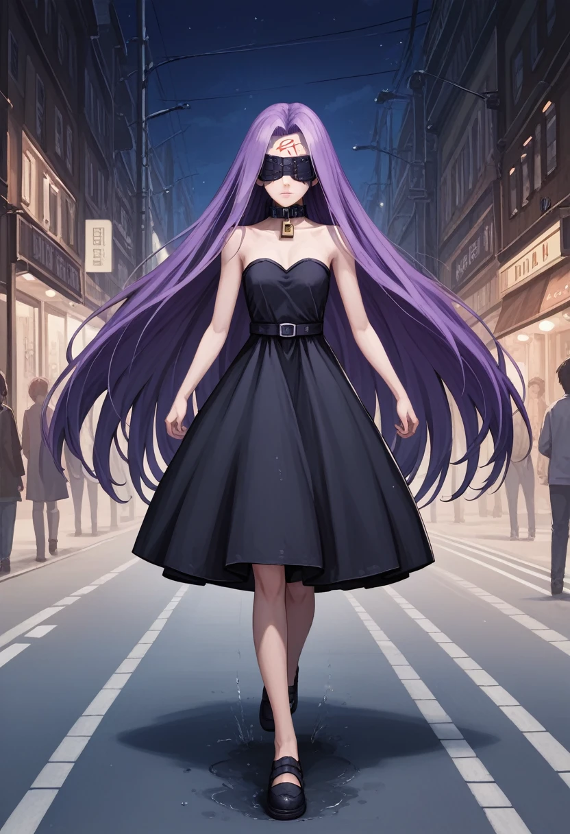 Medasa Rider, Ride Medusa, Long Hair, very Long Hair, Purple Hair, Facial marks, Forehead mark Taihai, dress, Clevis, Shoulder, Sleeveless, black dress, collar, Strapless, Strapless dress, ((Blindfold)), Full body photography, Dynamic posing, 8k, ((Mastepiece)),(((Best Quality))),((Super detailed)),((((Realism)))), Photorealistic:1.37, (Ultra-realistic), (Illustration), (High resolution), (Very detailed), (最高のIllustration), (Super detailed細壁紙), (Beautiful expression), ((詳細 Best Qualityのスキン:1.2)), ((Moist skin)), ((Super detailed細な背景, Detailed background, Harbour Street, Dark Night, Running through the city)), looking at viewer, Combat Ready, lock blade, connection lock, knife