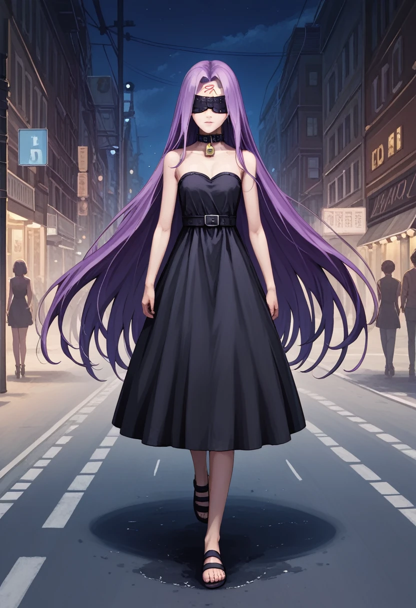 Medasa Rider, Ride Medusa, Long Hair, very Long Hair, Purple Hair, Facial marks, Forehead mark Taihai, dress, Clevis, Shoulder, Sleeveless, black dress, collar, Strapless, Strapless dress, ((Blindfold)), Full body photography, Dynamic posing, 8k, ((Mastepiece)),(((Best Quality))),((Super detailed)),((((Realism)))), Photorealistic:1.37, (Ultra-realistic), (Illustration), (High resolution), (Very detailed), (最高のIllustration), (Super detailed細壁紙), (Beautiful expression), ((詳細 Best Qualityのスキン:1.2)), ((Moist skin)), ((Super detailed細な背景, Detailed background, Harbour Street, Dark Night, Running through the city)), looking at viewer, Combat Ready, lock blade, connection lock, knife