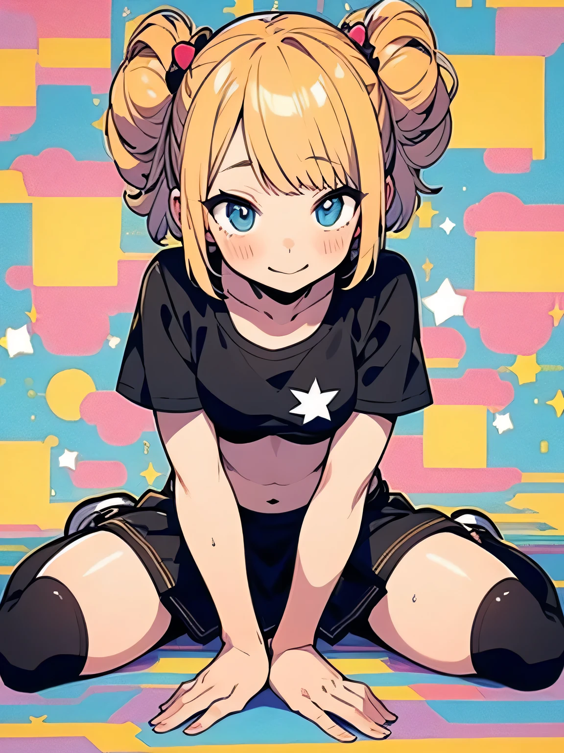 (Alone),(((wariza:1.3))),(leaning forward:1.3),blonde twinbuns,long sideburn,((bluntbangs:1.3)),nsfw,(underboob:1.2),cute shy:1.2,blush、sexy sports bra、Micro Mini Skirt、zettai ryouiki、black over-the-knee socks、Fancy Pouch、General store、(I am the star:1.3),(manga style),(sketch),(illustration),