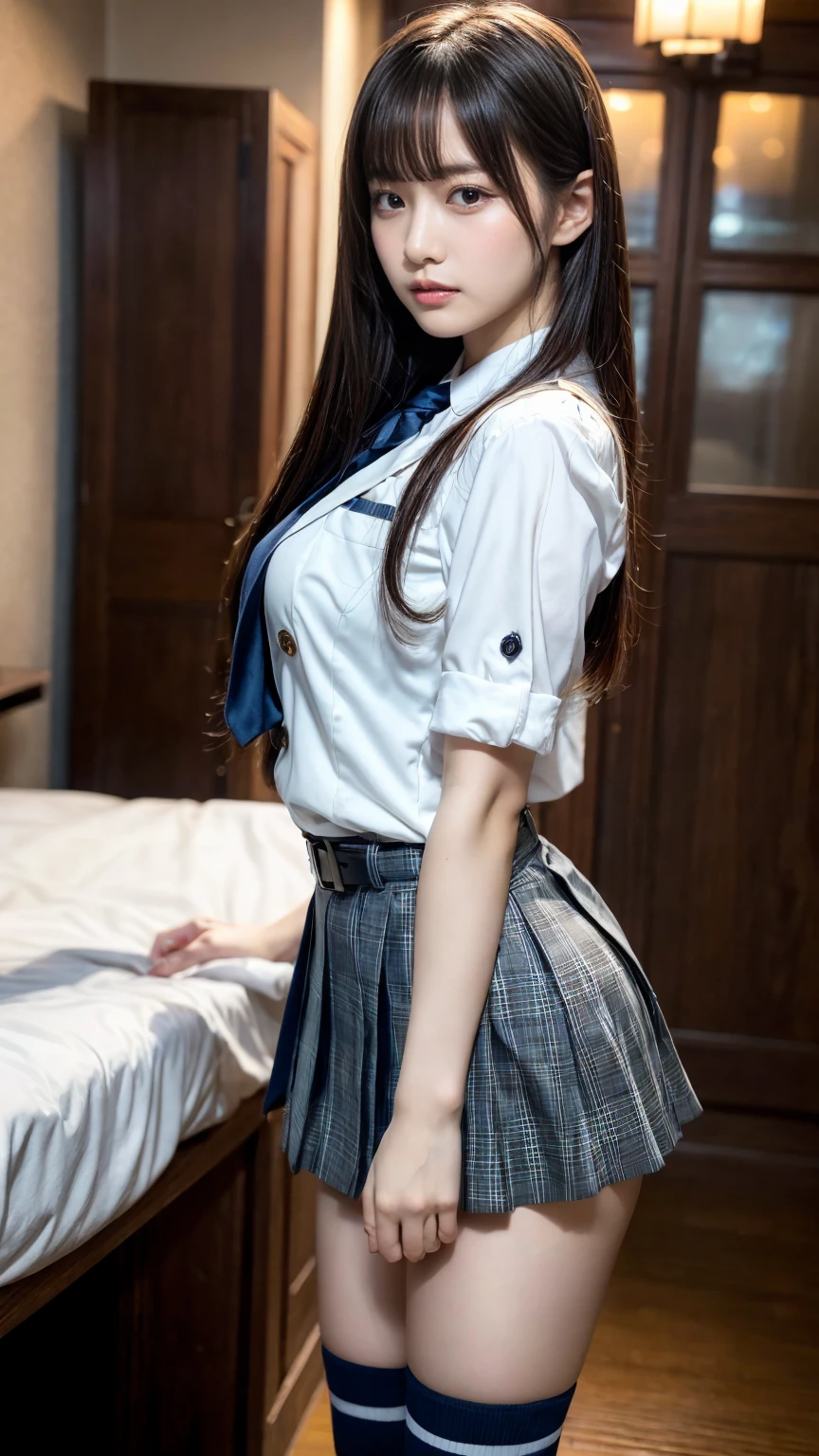 there is a woman in a uniform posing in a room, a hyperrealistic schoolgirl, a hyperrealistic schoolgirl, wearing japanese school uniform, Cute Schoolgirl, japanese girl school uniform, Japan school uniform, Realistic Young Gravure Idol, Young Pretty Gravure Idol, of a schoolgirl posing, Young Sensual Gravure Idol, Realistic Schoolgirl, dressed as schoolgirl