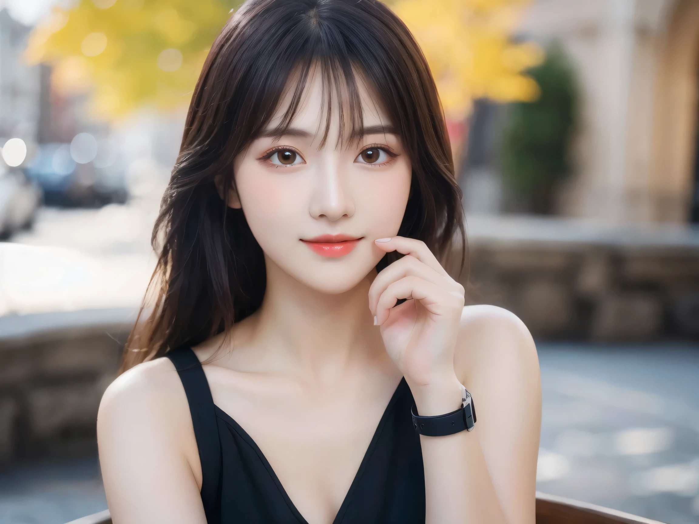 on the table, best quality, shape, Ultra Detailed, Finely, high resolution, 8k wallpaper, 完璧なダイナミックな構shape, Beautiful and delicate eyes, Medium Length Hair, Small Breasts, Natural lipstick, Casual sexy pose,Smile,20 year old girl、midnight、Beautiful and detailed face、Perfect beautiful face,big eyes、original photo、Use the whole body to express the feminine posture、Beautiful and delicate eyes、Small face、Beautiful duplex、Facelift and style,skirt、Beautiful golden ratio face,Long hair