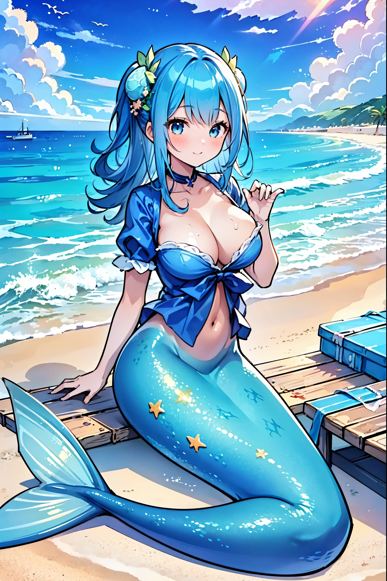 (masterpiece,Best quality),(Full fingers),A woman,Mermaid,Blue Shirt,White short sleeve,Large Breasts,藍色的Mermaid尾巴,Full body photo,beach,Sea view,charming脸(Kawaii, charming,Soft)