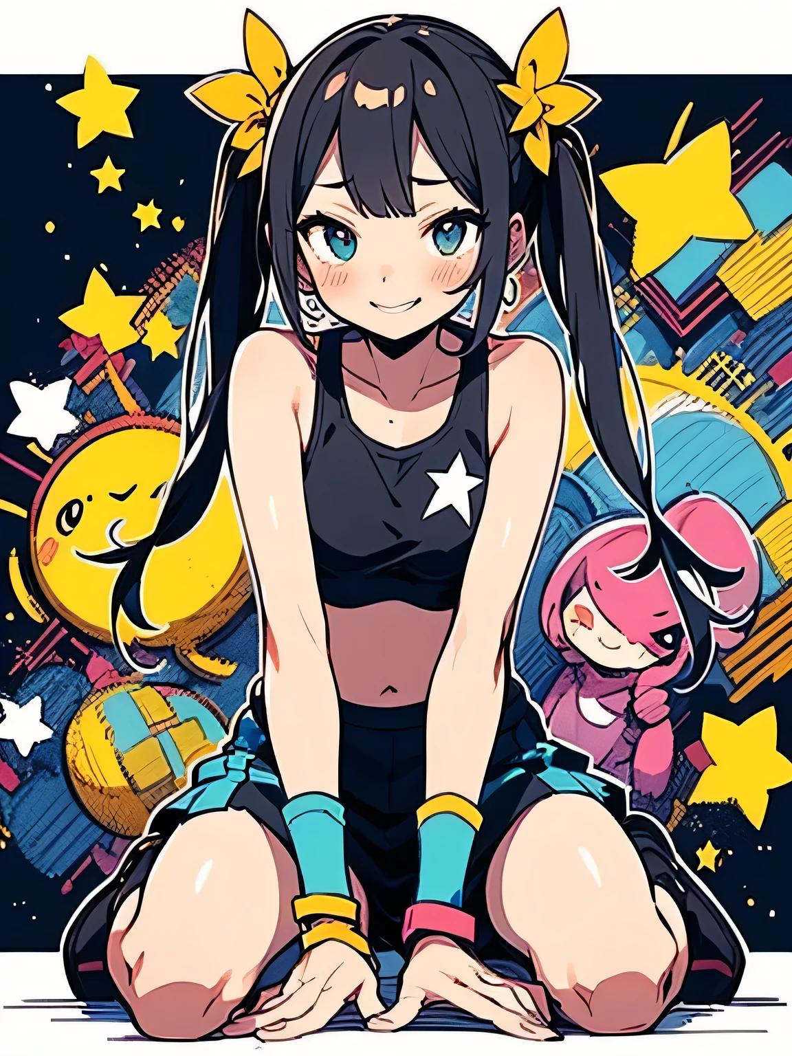 (Alone),(((wariza:1.3))),(leaning forward:1.3),black:1.2 twintail,long sideburn,((bluntbangs:1.3)),nsfw,(underboob:1.2),cute shy:1.2,blush、sexy sports bra、Micro Mini Skirt、zettai ryouiki、black over-the-knee socks、Fancy Pouch、General store、(I am the star:1.3),(manga style),(sketch),(illustration),