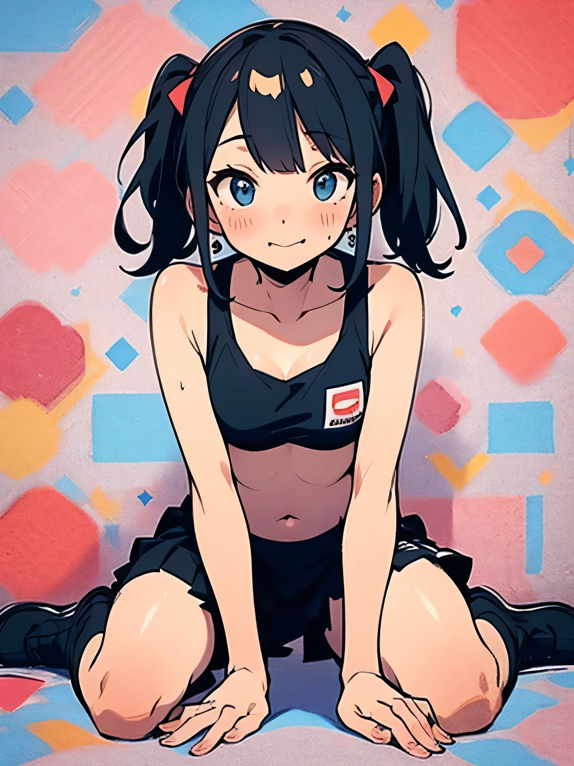 (Alone),(((wariza:1.3))),(leaning forward:1.3),black:1.2 twintail,long sideburn,((bluntbangs:1.3)),nsfw,(underboob:1.2),cute shy:1.2,blush、sexy sports bra、Micro Mini Skirt、zettai ryouiki、black over-the-knee socks、Fancy Pouch、General store、(I am the star:1.3),(manga style),(sketch),(illustration),