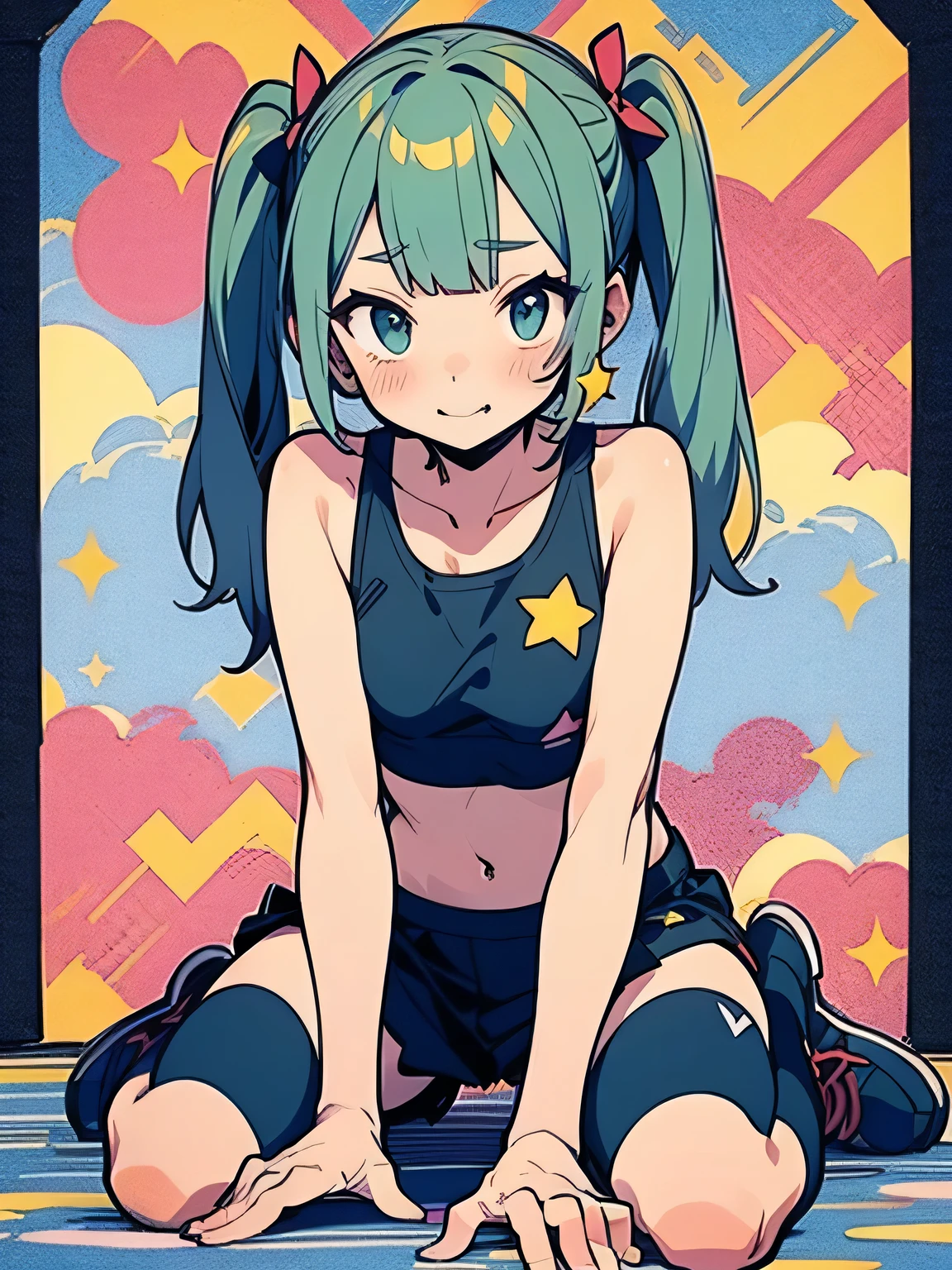 (superflat, flat shading, flat colors:1.1), (magazine cover), , petite, colorful top, children's colorful panties, striped overknee socks, smile, vibrant colors, neon, gradients, volumetric lighting, soft light, dark background