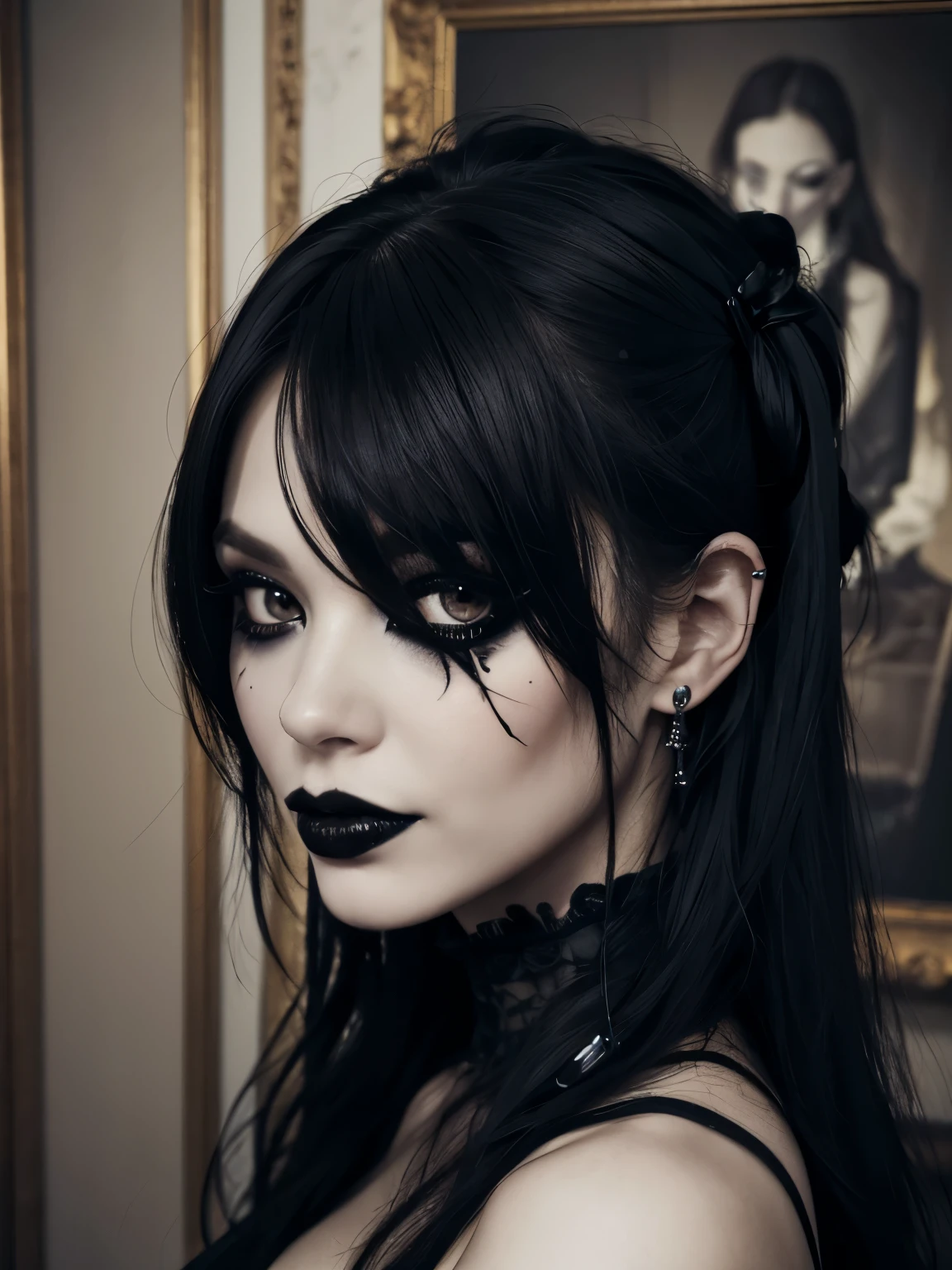 ((best quality)),((masterpiece)),((strikingly beautiful)), 1girl, hair over one eye, black lips, goth, indoors, portrait