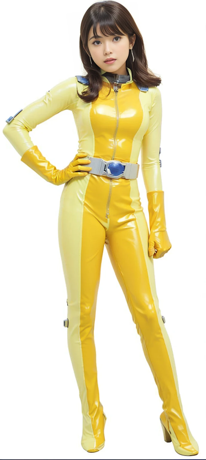 a close up of a person in a yellow outfit and yellow boots, yellow ranger, symmetry!! yellow ranger, faye valentine, glamorous angewoman digimon, yellow space suit, yellow aura, badass pose, pikachu as a human, elegant yellow skin, yellow skin, silk spectre, inspired by Yang J, knights of zodiac girl, sassy pose, full body close-up shot