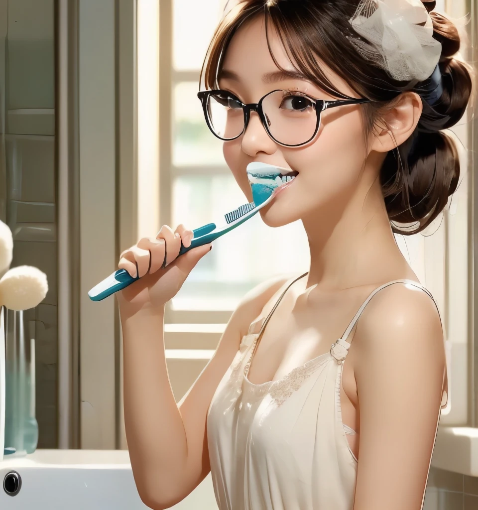 Best Quality、、Ultra-high resolution、Clear Photo、Professional Lighting、(Very cute girl、beautiful girl、Cute Yoda Yuki)、baby face、Small Face、(Hair Bun)、Wear black-rimmed glasses、smile、Narrow waist、(I can see the valley:1.2、Large erect nipples)、(Wearing a white camisole、Lightweight camisole、Wearing white panties)、Standing on the toilet、(Brush your teeth:1.4、Toothpaste:1.2、White foam coming out of the mouth:1.4、White and beautiful teeth)、Full body photo