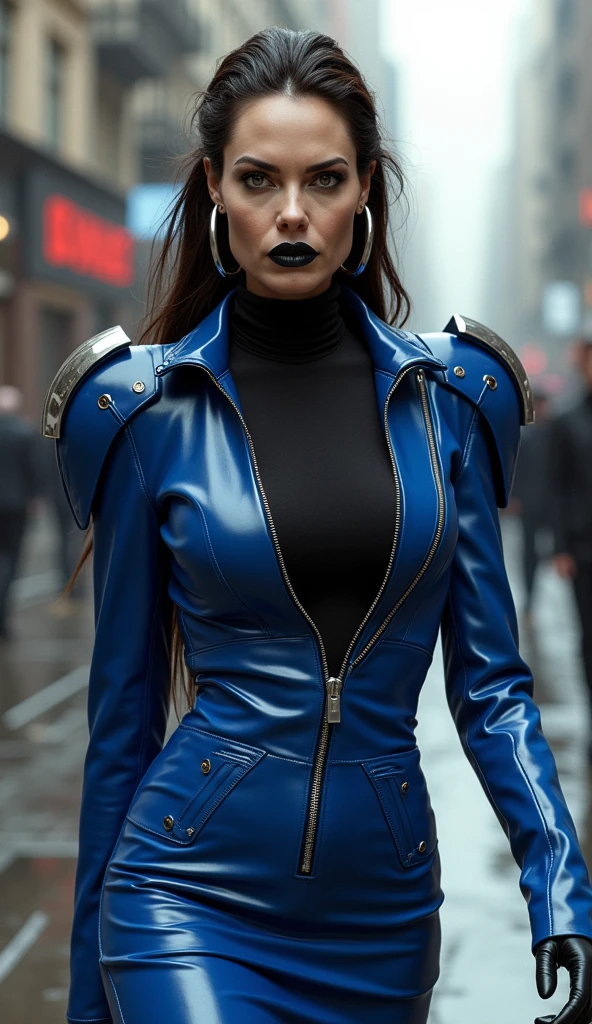 8k, ARTISTIC photography, best quality, masterpiece: 1.2), (realistic, photorealistic: 1.37)` Movie still from johnny mnemonic movie directed by (Robert Longo), (cyberpunk girl Holding a Gun ), ((Katie McGrath)) beautiful body, voluptuous, perky breast (( dressed in a Futuristic bubble jacket )), (((over-detailed clothing))), (((the color of the clothes is #FF6B1A))), posing, IN A Empty futuristic corridor lit by long LED lights.. background,
