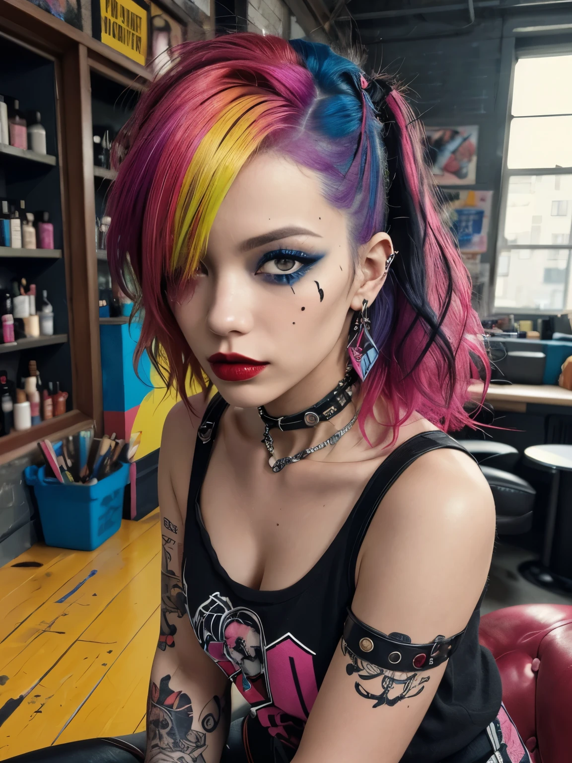 ((best quality)),((masterpiece)),((strikingly beautiful)), 1girl, hair over one eye, punk, punk girl, indoors, portrait, vivid colors, vibrant colors, colorful hair, red lips