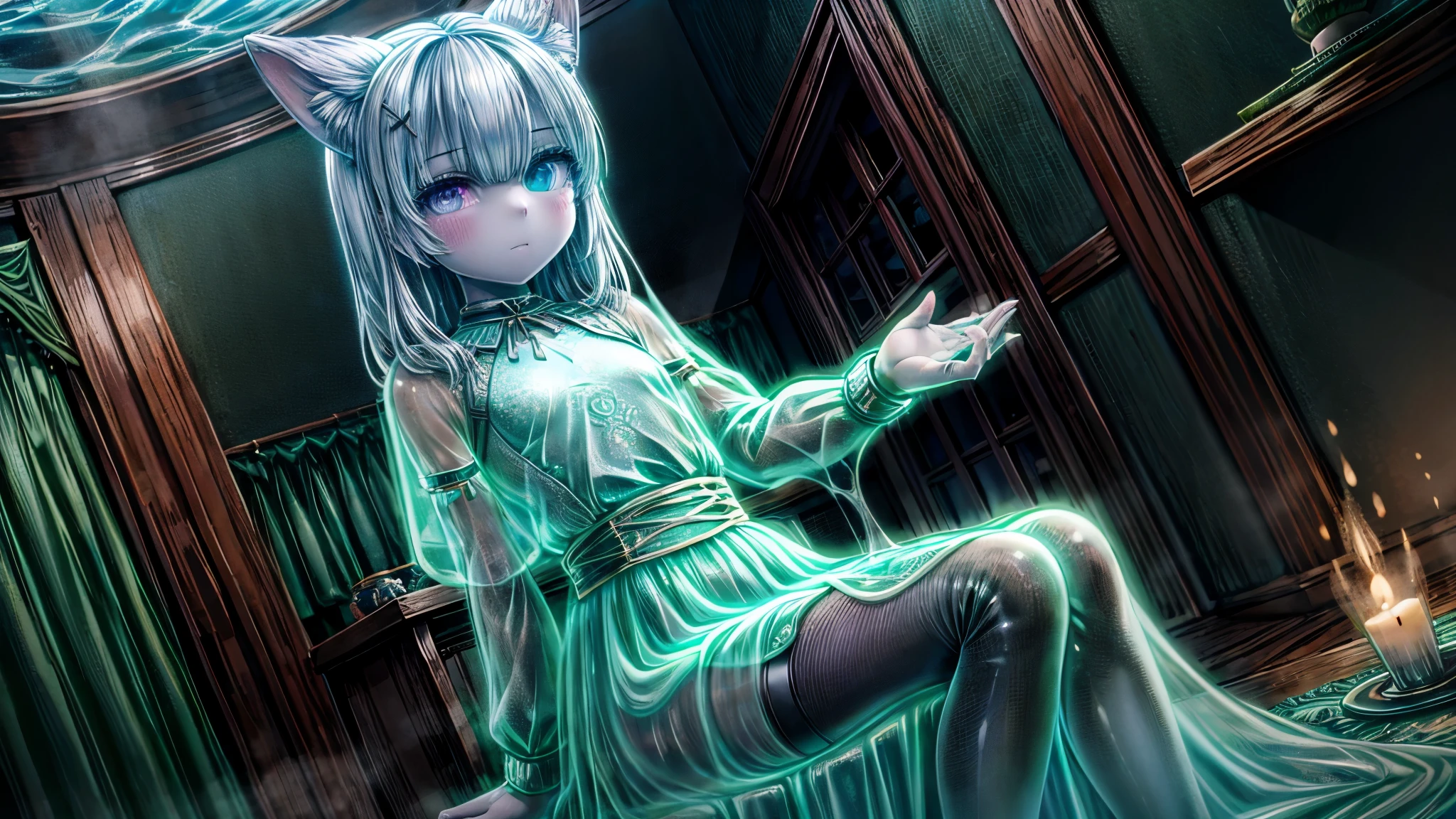 High resolution, masterpiece, Best Quality, Textured skin, Glowing Skin, girl, Illustration of a single person, Full body illustration, Clear Skin, The body is transparent, She wears a dress made of magical water., She wears tights made of magical water., Wear warm clothes, Body made of slime, Light blue slime, Gray Hair, White eyelashes, Princess, Around 20 years old, adult, Glass crystal ornaments, Small breasts, Five fingers, Natural hand shape, five fingers only, Glass Ear, flame over one eye, flaming eye, Heterochromia,