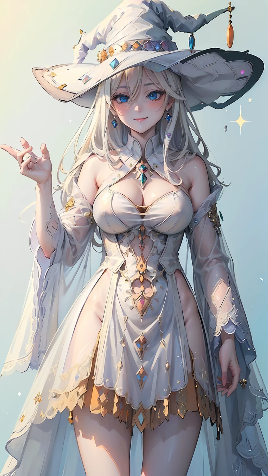 (((Masterpiece, Ultra HD, Super High Quality, 8K Quality))), 1 beautiful Woman, perfect body, beautiful ample breasts, Blonde Long Hair, Long bangs, Shining Blue Eyes, highlight on eyes, Beautiful Smile, (((Embellished See-Through White colored Witch Costume)))、((I&#39;m seducing you)), ((Jack-o'-Lantern))
