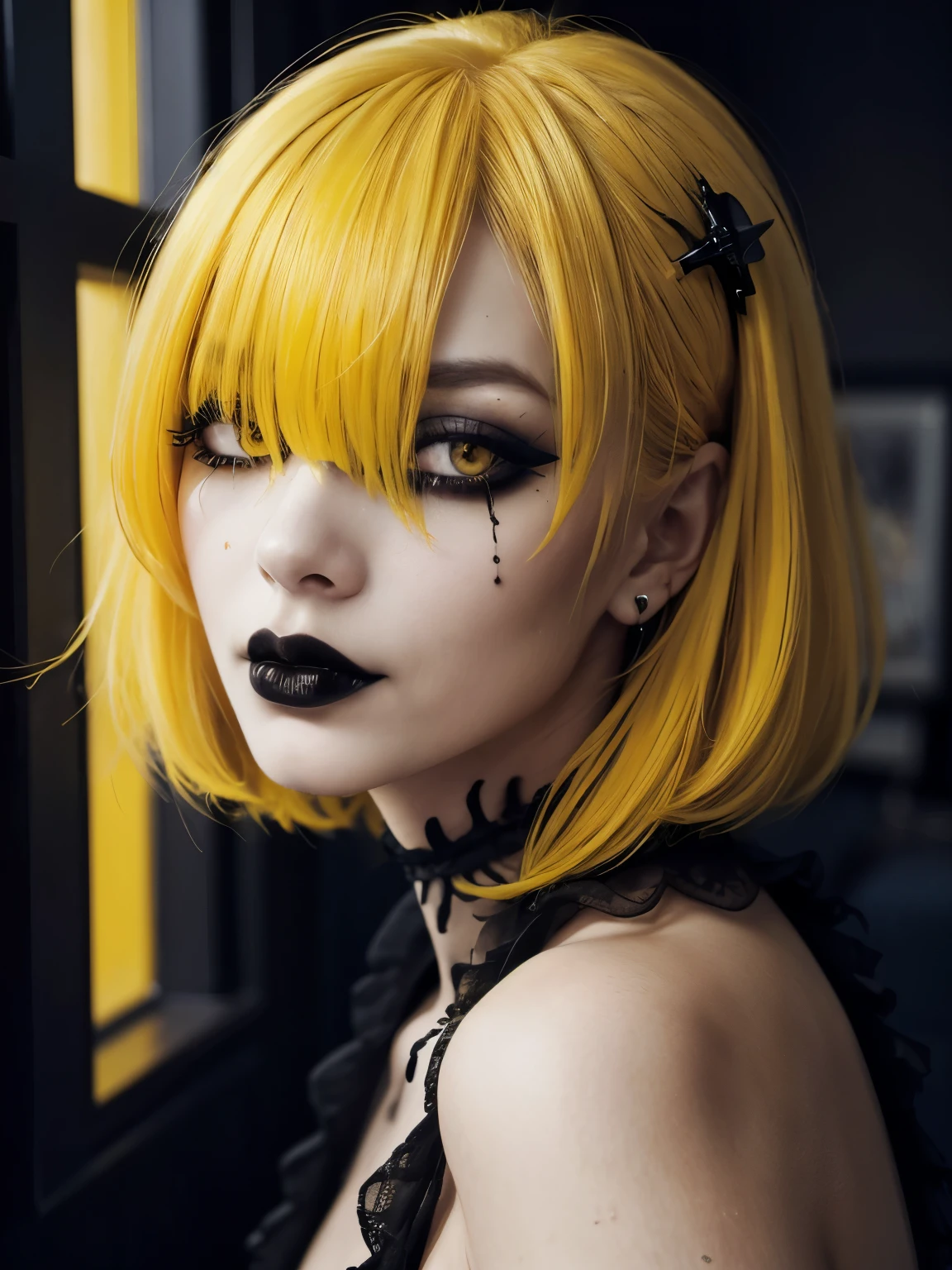 ((best quality)),((masterpiece)),((strikingly beautiful)), 1girl, hair over one eye, black lips, goth, indoors, portrait, yellow hair