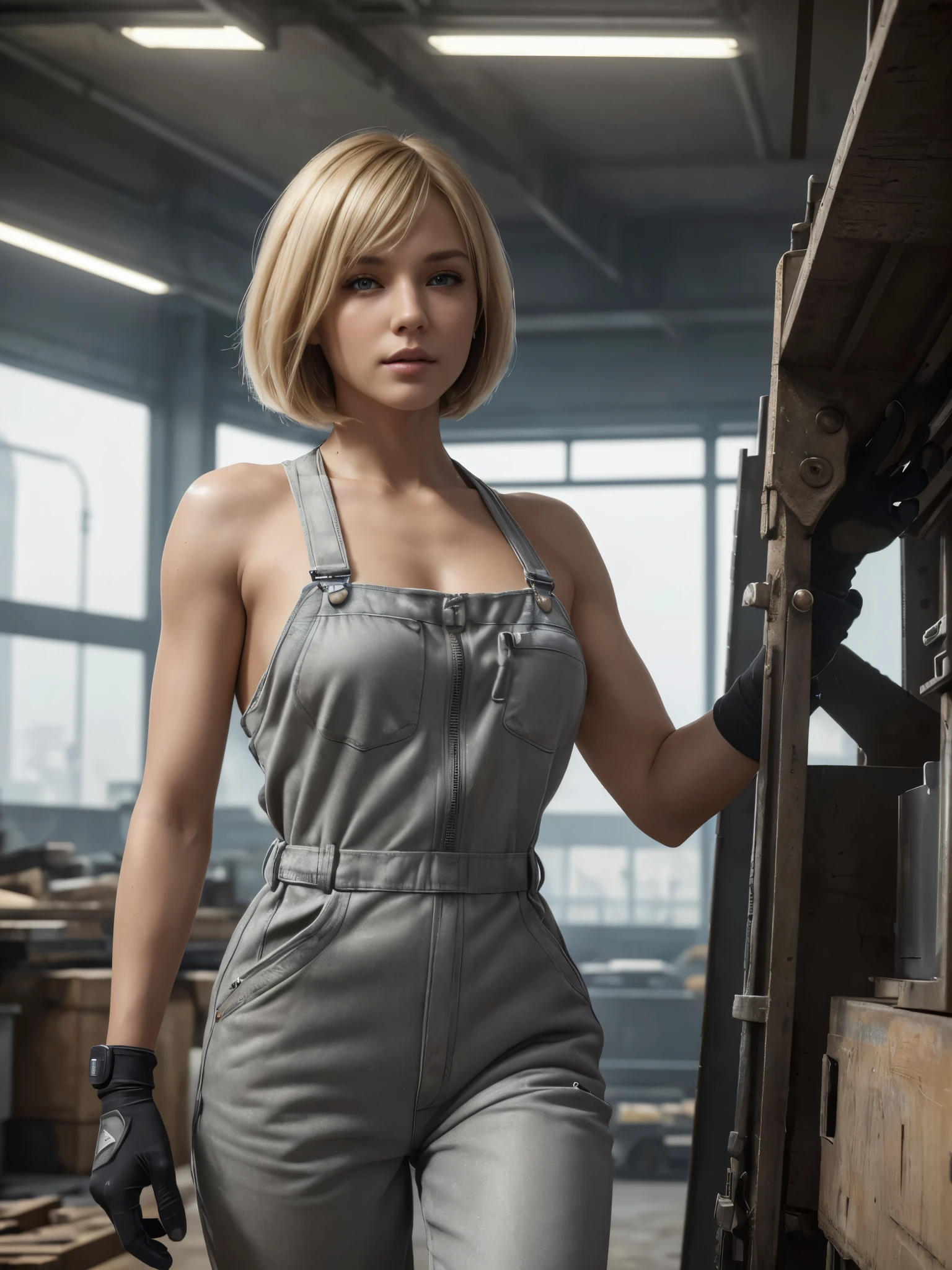 (ultra-detailed, photorealistic, best quality, 4k, 8k, highres, masterpiece:1.3), a stunning and formidable woman with a perfect athletic body, Blonde bob cut hair style, grey coveralls dirt and grease on her face, a large spanner in her right hand, futuristic machinery in the back ground of a large work shop,
