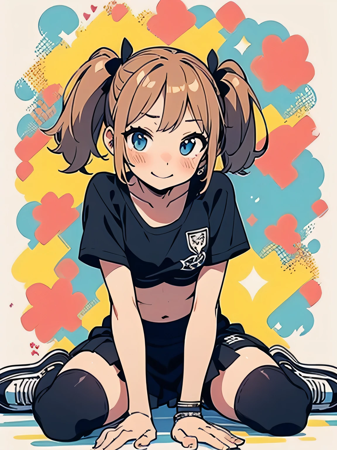 (sideview:1.2),(Alone),(((wariza:1.3))),(leaning forward:1.3),black:1.2 twintail,long sideburn,((bluntbangs:1.3)),nsfw,(underboob:1.2),cute shy:1.2,blush、sexy sports bra、Micro Mini Skirt、zettai ryouiki、black over-the-knee socks、Fancy Pouch、General store、(I am the star:1.3),(manga style),(sketch),(illustration),
