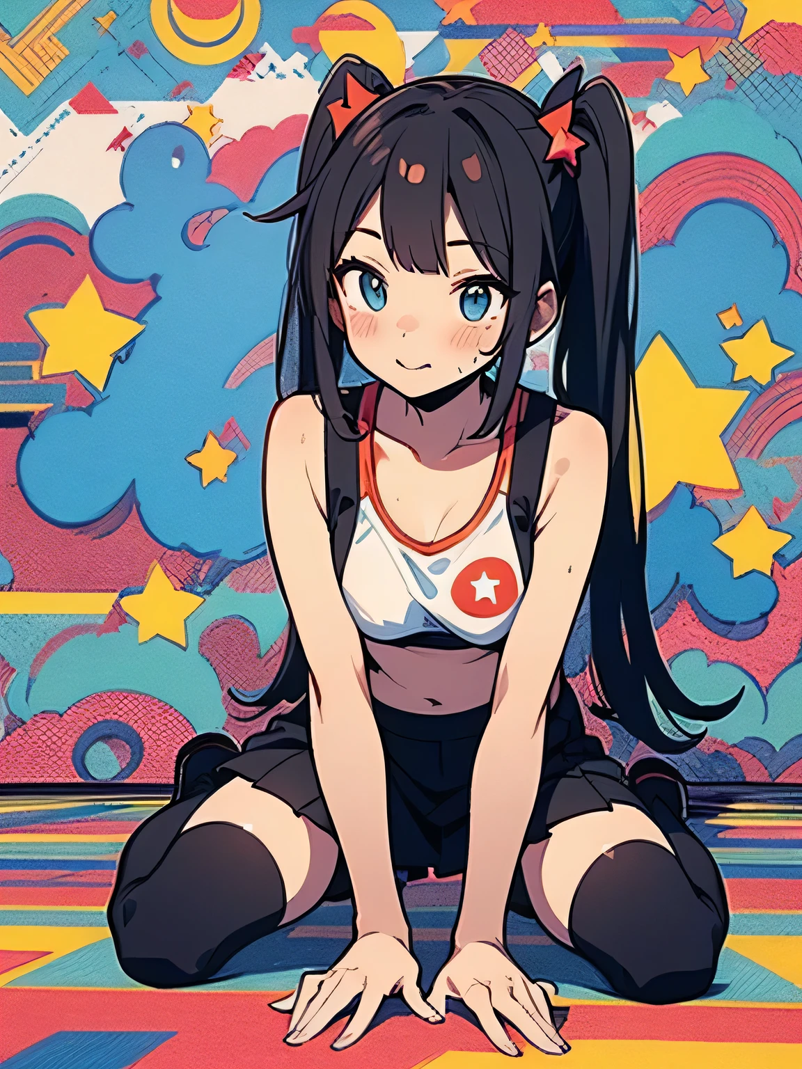 (sideview:1.2),(Alone),(((wariza:1.3))),(leaning forward:1.3),black:1.2 twintail,long sideburn,((bluntbangs:1.3)),nsfw,(underboob:1.2),cute shy:1.2,blush、sexy sports bra、Micro Mini Skirt、zettai ryouiki、black over-the-knee socks、Fancy Pouch、General store、(I am the star:1.3),(manga style),(sketch),(illustration),