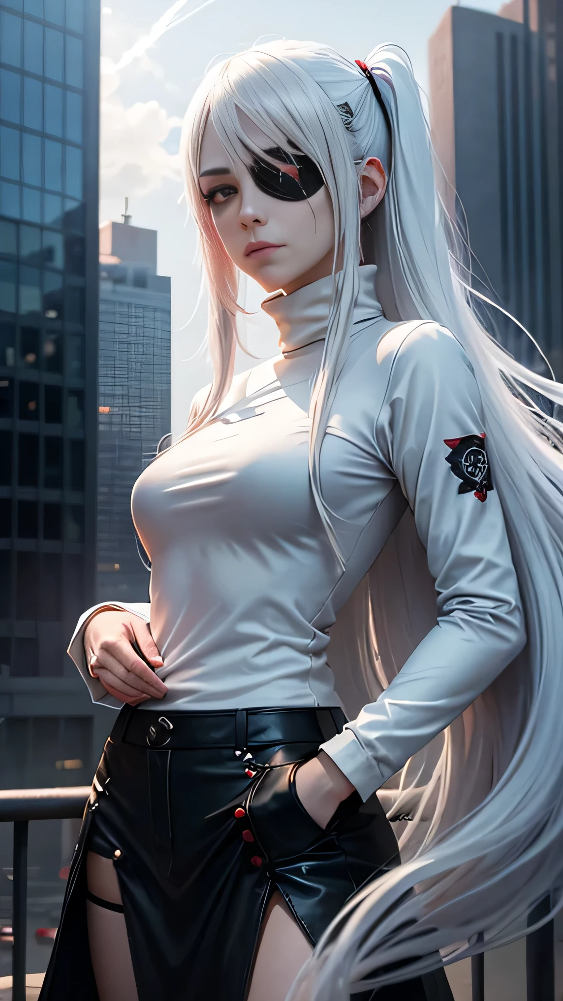 1girl, (solo), anime girl with long white hair and red eyes, girl with white hair, girl in white turtleneck, ((eyepatch)), pointed ears, ((vampire)), smirk, smug, closed mouth, cowboy shot, perfect white haired girl, white haired deity, digital cyberpunk anime art, turtleneck, lens flare, ((dramatic lighting)), soft glowing red eyes, extremely detailed, masterpiece, looking at viewer, city in background, (night)