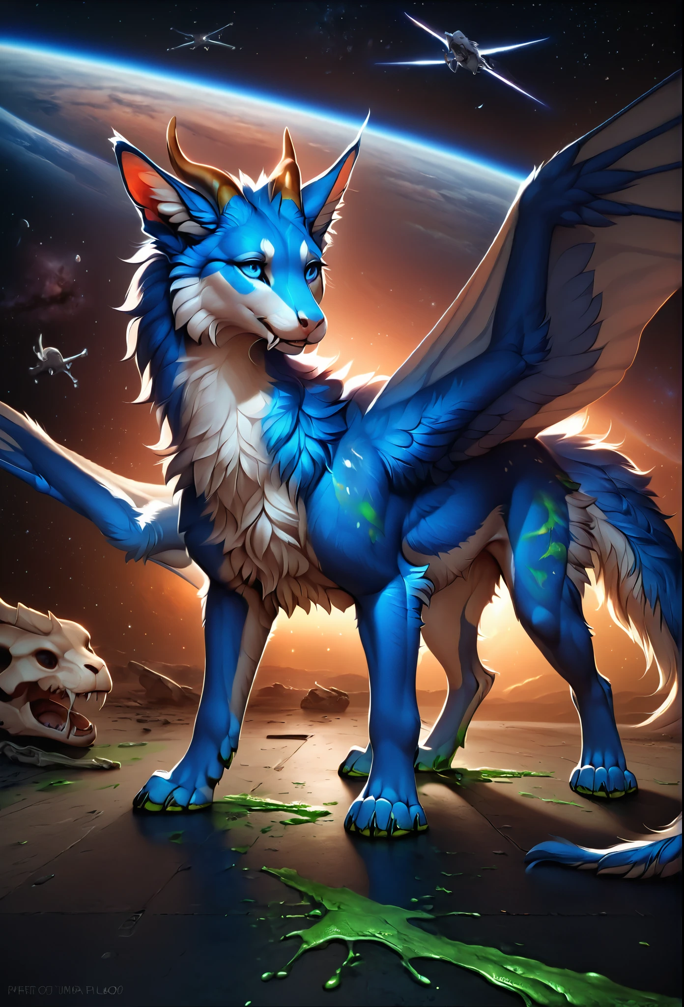 darra, female, full body,feral, furred dragon, female, white and blue fur with green blood stains on the fur, wings, horns, tail, chest fluff, paws, fangs, ton back, faded blue eyes, a quadruped creature, detailed fur, intricate textures, detailed background, space, battlefield, (((green blood stains on the fur))), (((pieces of meat around on floor))),  (((bones  around on floor))),(((puddles of green blood on floor))), dramatic lighting, muted color palette, cinematic composition, ultra-detailed, 8k, photorealistic, masterpiece