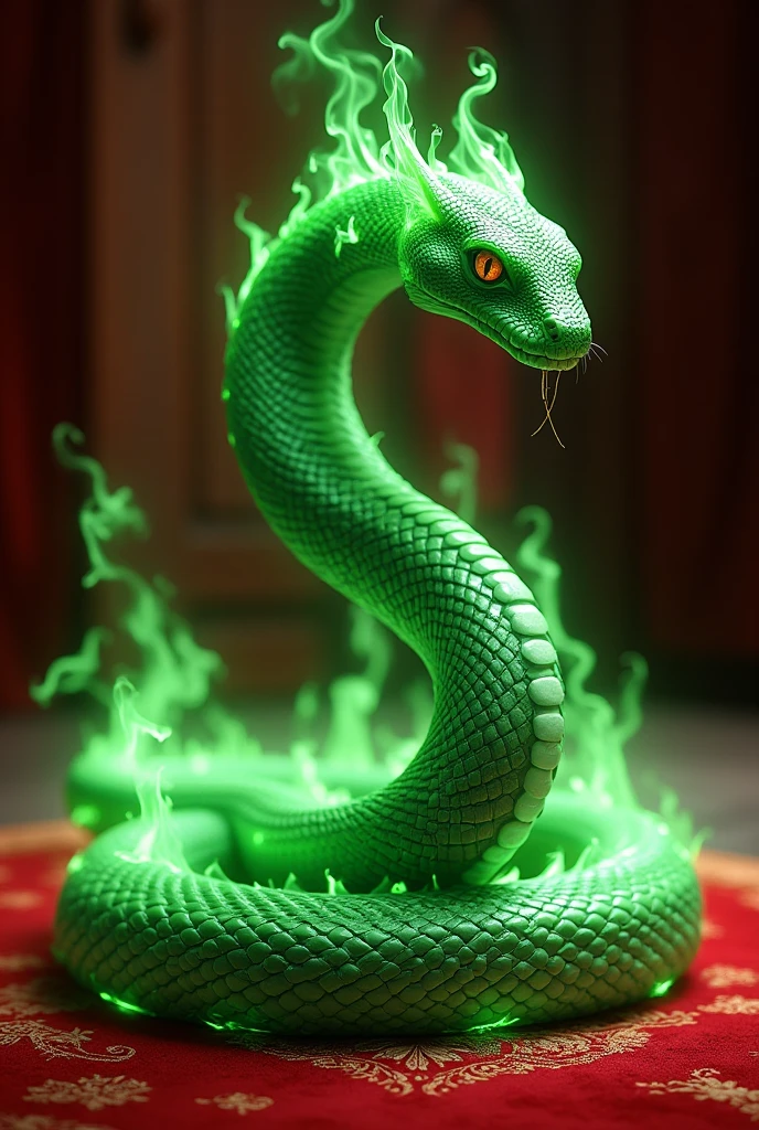 a green snake stands coiled on a red carpet, a guardian deity, 
made entirely of green flame elements, intricate detailed face and skin, Snakes dressed like adventurers