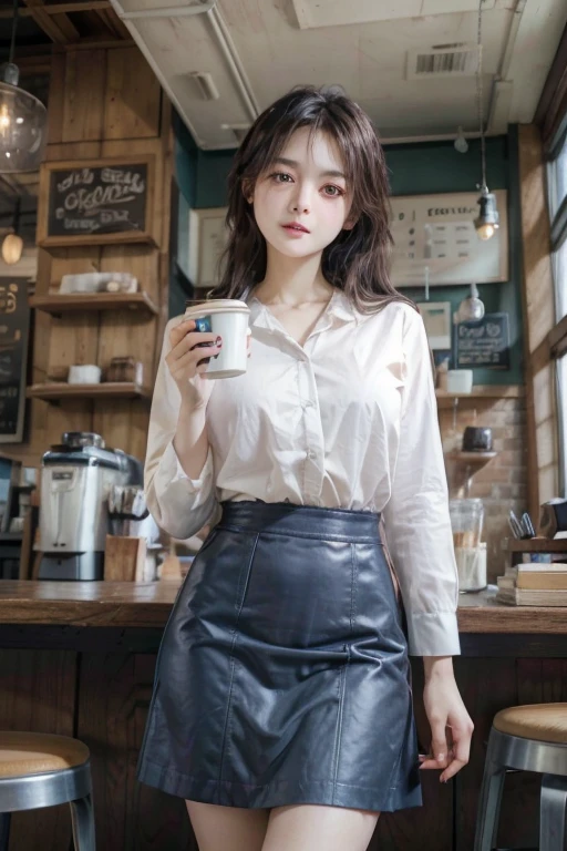 Best quality, masterpiece, very delicate beauty, cinematic footage, pretty girl, orange eye shadow, 28 years old, brown suspenders, soft light, café, coffee cup in hand, sitting position, ((bust)), afternoon
