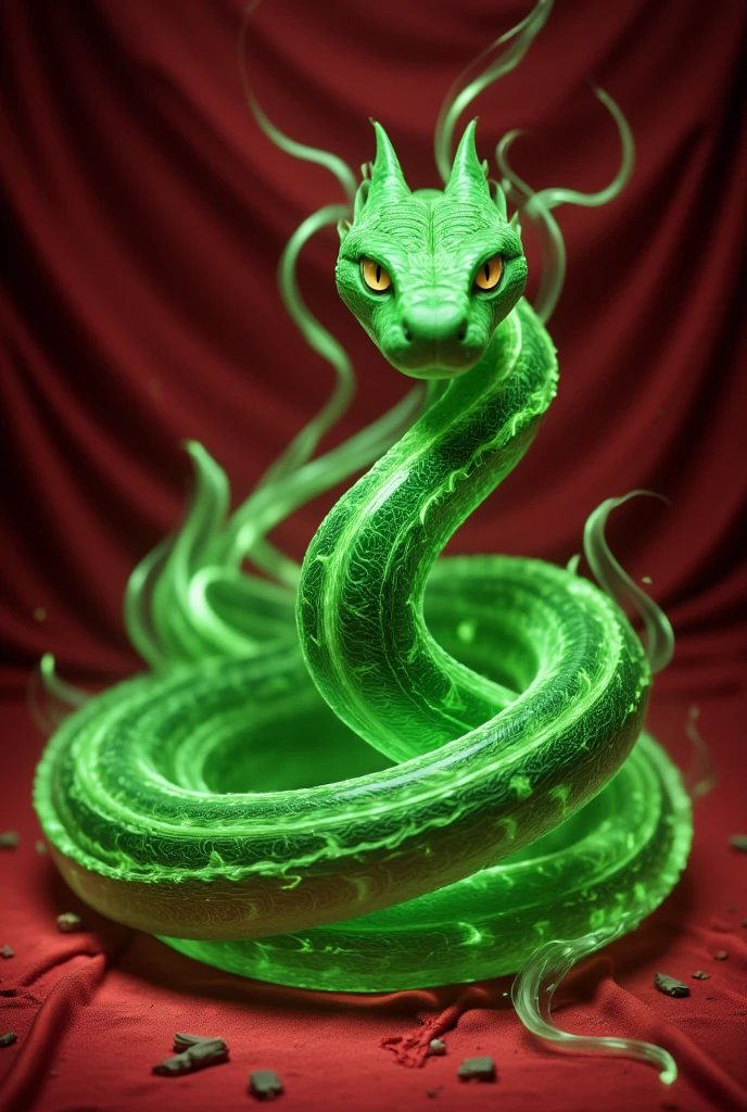 a green snake stands coiled on a red carpet, a guardian deity, 
made entirely of green flame elements, intricate detailed face and skin, Snakes dressed like adventurers