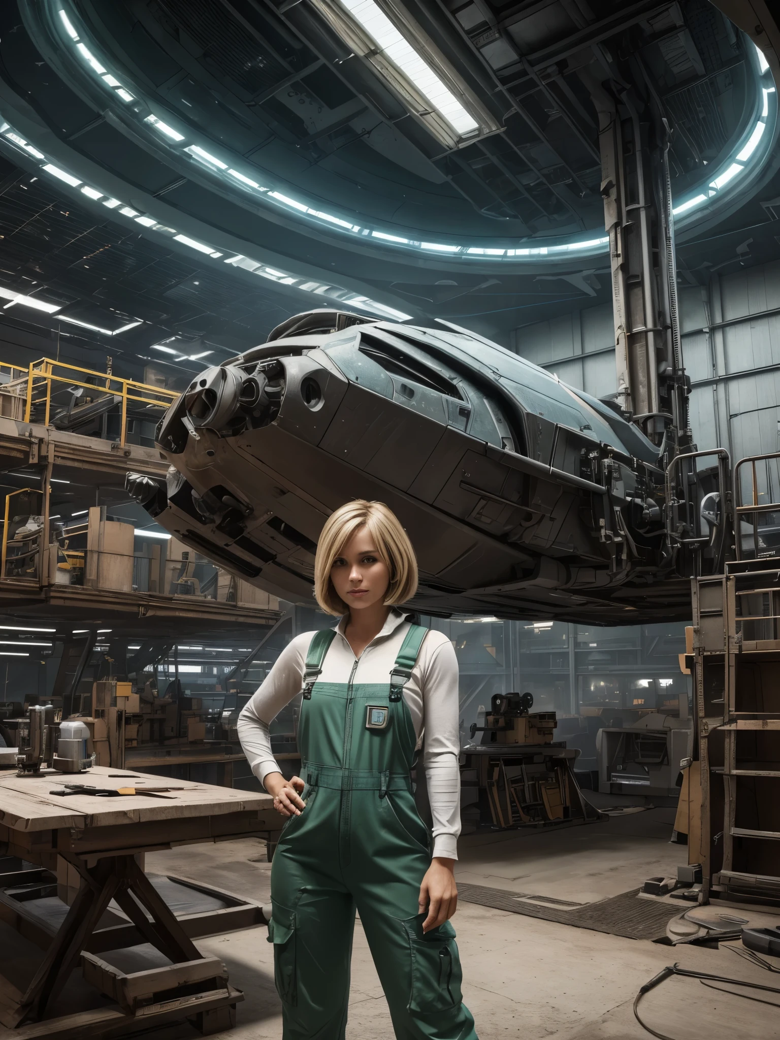 (ultra-detailed, photorealistic, best quality, 4k, 8k, highres, masterpiece:1.3), a stunning and formidable woman with a perfect athletic body, Blonde bob cut hair style, green coveralls that are very dirty, dirt and grease on her face, a large spanner in her right hand, she is a hardworking girl of the future, futuristic machinery and technical equipment, space ship interior in the back ground of a large work shop,
