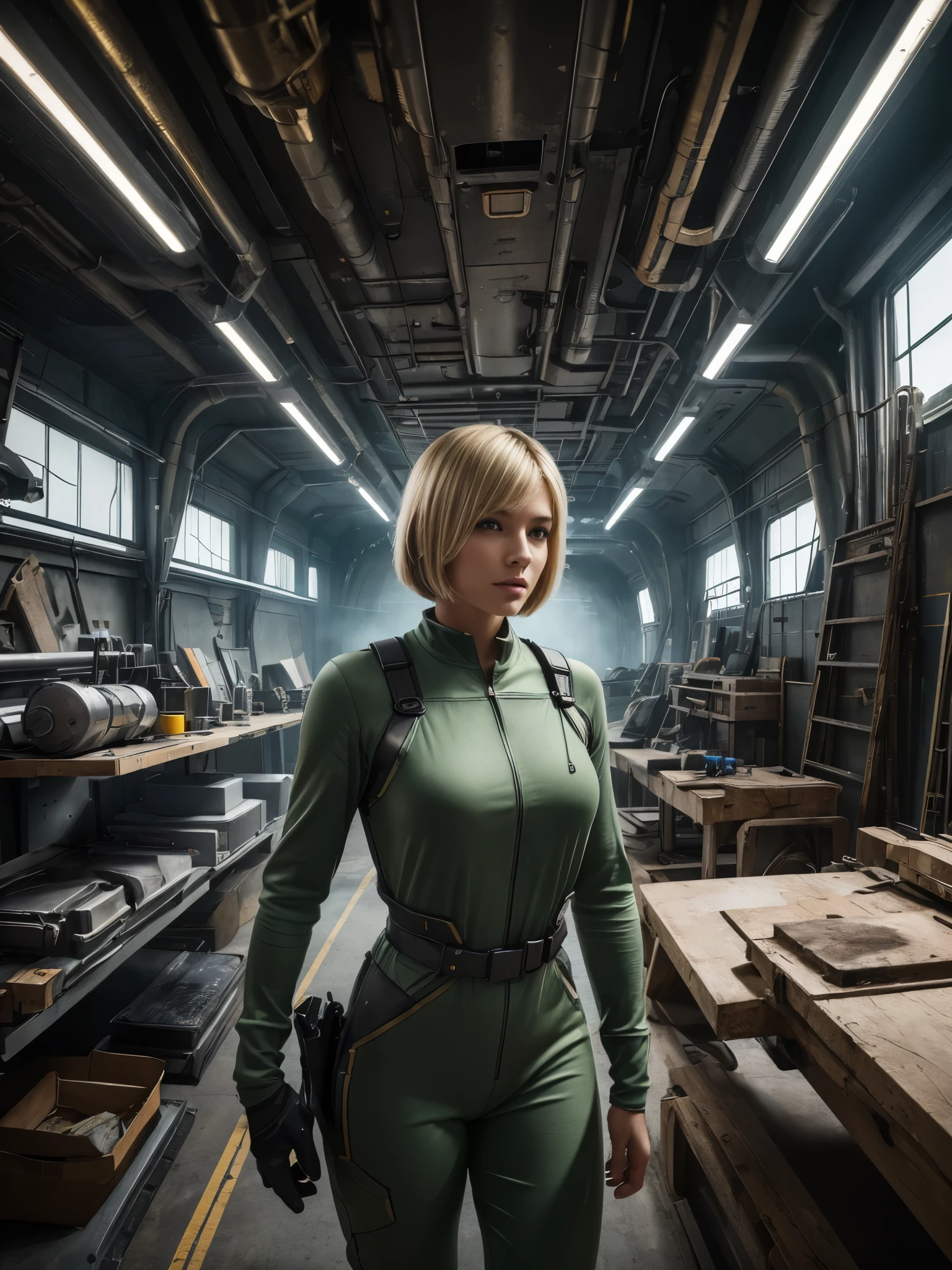 (ultra-detailed, photorealistic, best quality, 4k, 8k, highres, masterpiece:1.3), a stunning and formidable woman with a perfect athletic body, Blonde bob cut hair style, green coveralls that are very dirty, dirt and grease on her face, a large spanner in her right hand, she is a hardworking girl of the future, futuristic machinery and technical equipment, space ship interior in the back ground of a large work shop,
