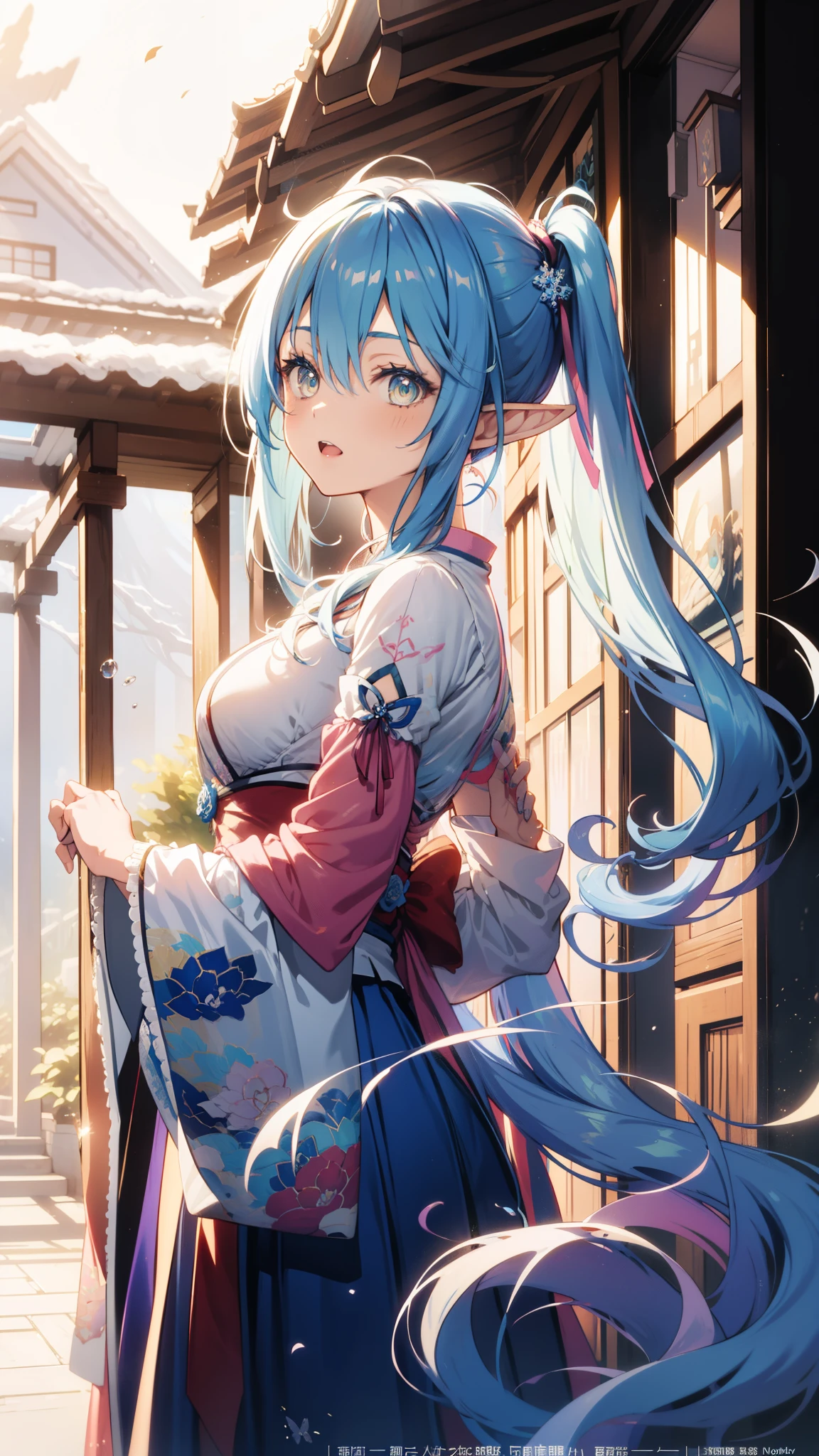 Anime Girl, Fantasy illustration, Flowing hair,Blue Japanese style long skirt,Transparent Clothes, Beautiful young elf, Dark blue hair,Twin ponytails,Hair editing,hat,Happy,Beautiful fantasy anime, 闪亮Flowing hair, Ethereal Anime, Beautiful anime artwork, Beautiful digital artwork, Anime Fantasy Artwork,Snowflake Rummy