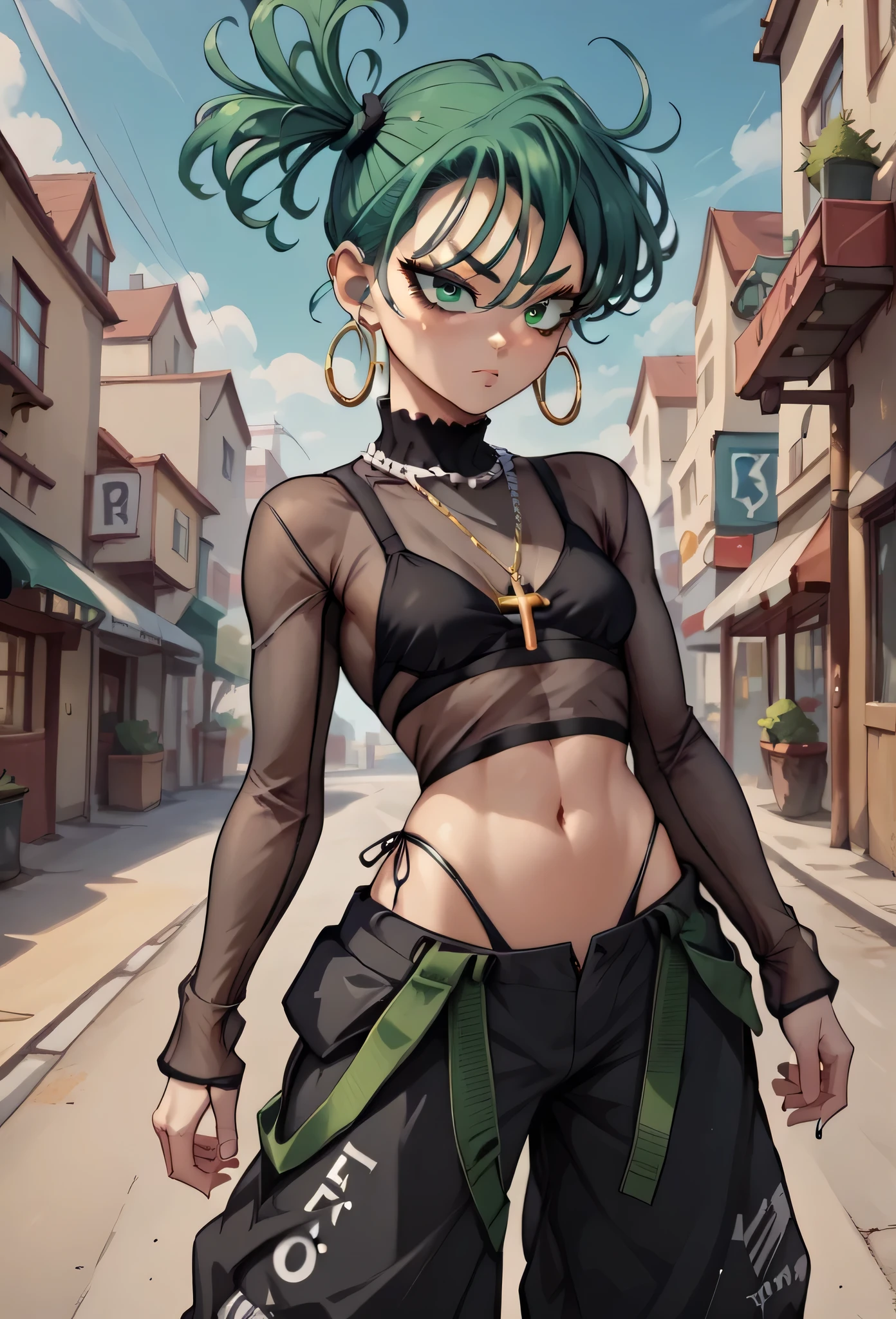 tatsumaki,green hair,curly hair,green eyes short hair,medium breast ,Side Ponytail, black bra, long sleeves, mesh crop top, baggy pants,black pants,
highleg panties , earrings,hoop earrings,cross necklace,jewelry,poese
