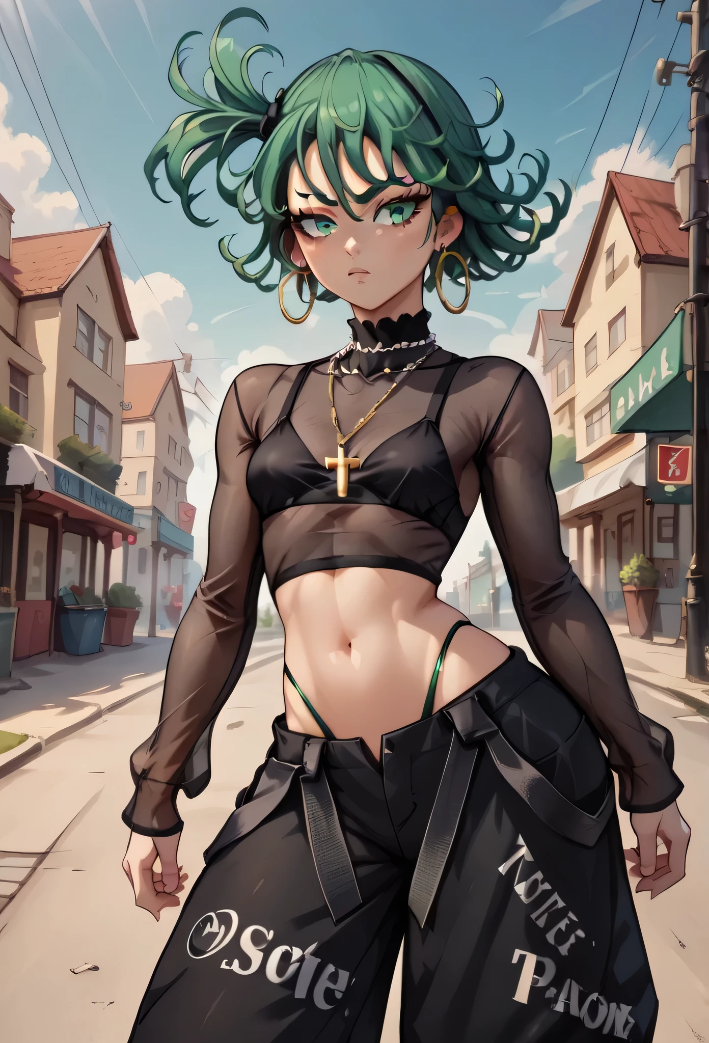 tatsumaki,green hair,curly hair,green eyes short hair,medium breast ,Side Ponytail, black bra, long sleeves, mesh crop top, baggy pants,black pants,
highleg panties , earrings,hoop earrings,cross necklace,jewelry,poese