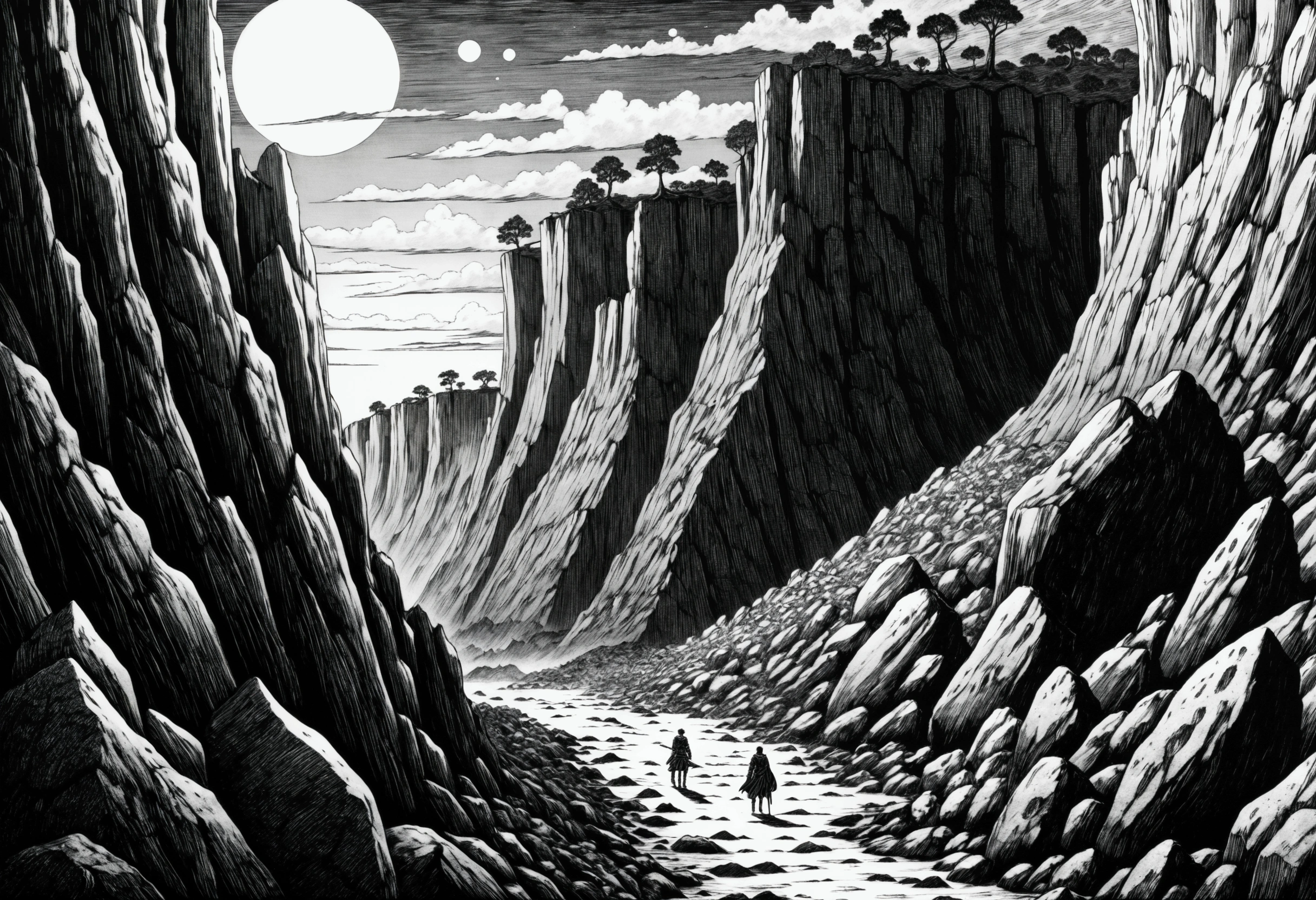 score_9, score_8_up, score_7_up, score_6_up, by Kentaro Miura, inspired by Berserk, Manga art, black and white, manga art, best quality, masterpiece, detailed, aesthetic, best quality, masterpiece, detailed, aesthetic, ((best quality)), (masterpiece), Massive rocky cliffs, landscape art, dynamic pose, monochrome, manga, anime, high resolution, 4k, detailed, intricate, detailed, Monochrome, Cross-hatching, Gradient shading, no background,
