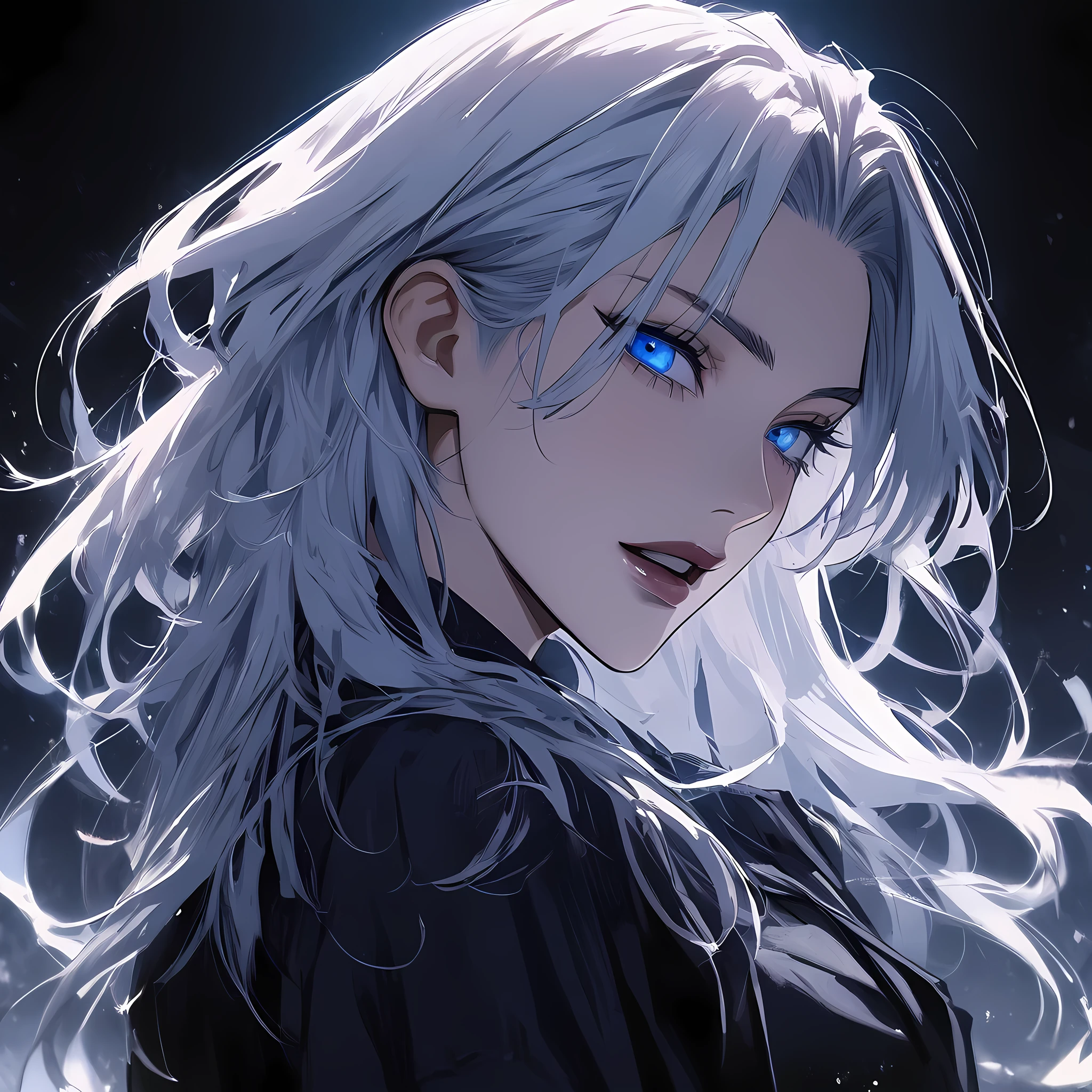1 girl, woman gojo satoru, jujutSu kaiSen anime screenshot, gojo satoru female version, Alone, very long_hair, ((The hair iS Styled with part of it pulled back and the reSt caScading down her back)) blue eyes, ((white eyelashes)), ((very long white_hair)), night vision, S, superior_body, smile, inside, book, blows, blue_eyes, Lips, (wearing round sunglasses)  She is wearing a black off-the-shoulder sweater, , "very detailed and high resolution" (blue eyes) ((Smooth texture hair)) ((Alone)) ((high resolution)) ((close up shot)) (good quality)  cleavage,((Vista frontal))